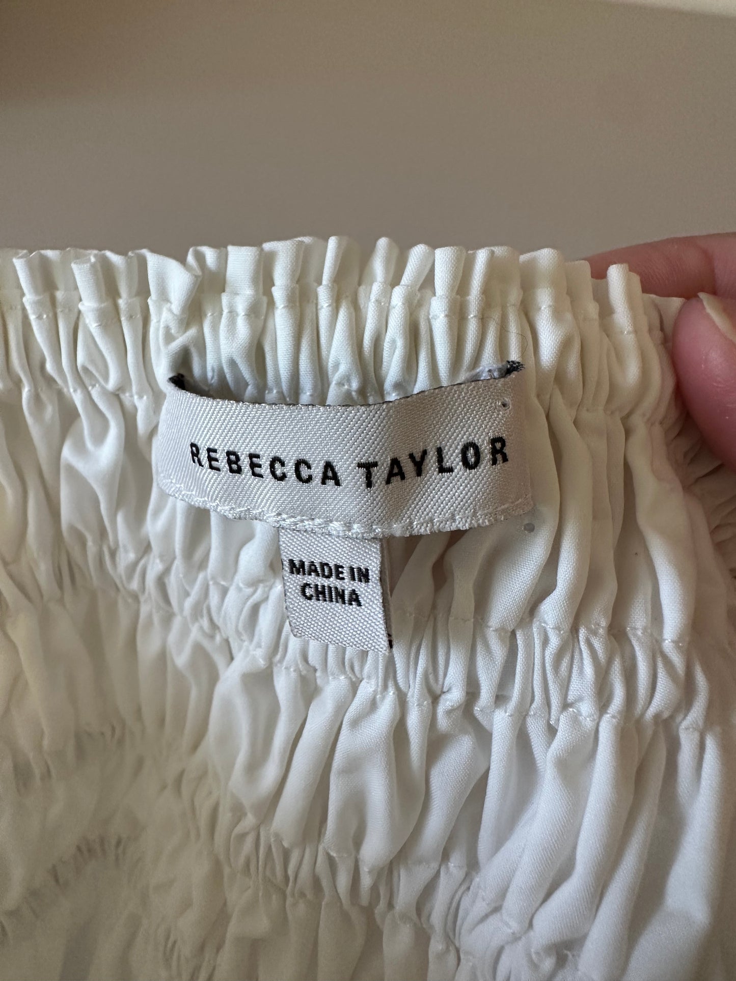 Rebecca Taylor White Cotton Smocked High Waist Midi Skirt | Size Small