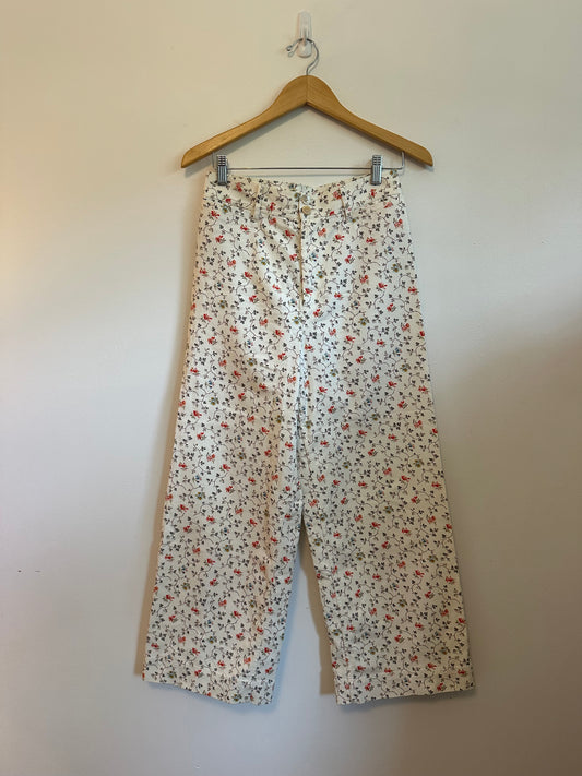 Rebecca Taylor Floral Wide Leg Cotton Twill Pants | Size 28