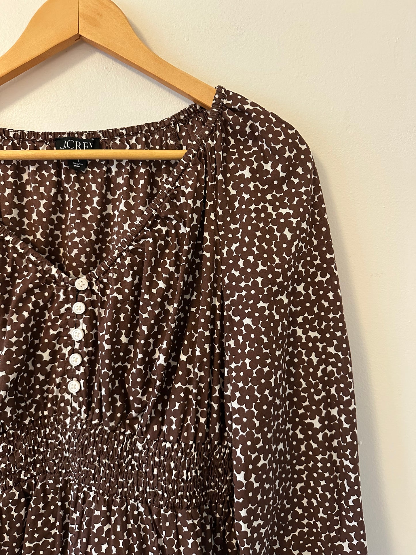 J. Crew V-neck Smocked Waist Floral Top in Mocha Floral | Size Small