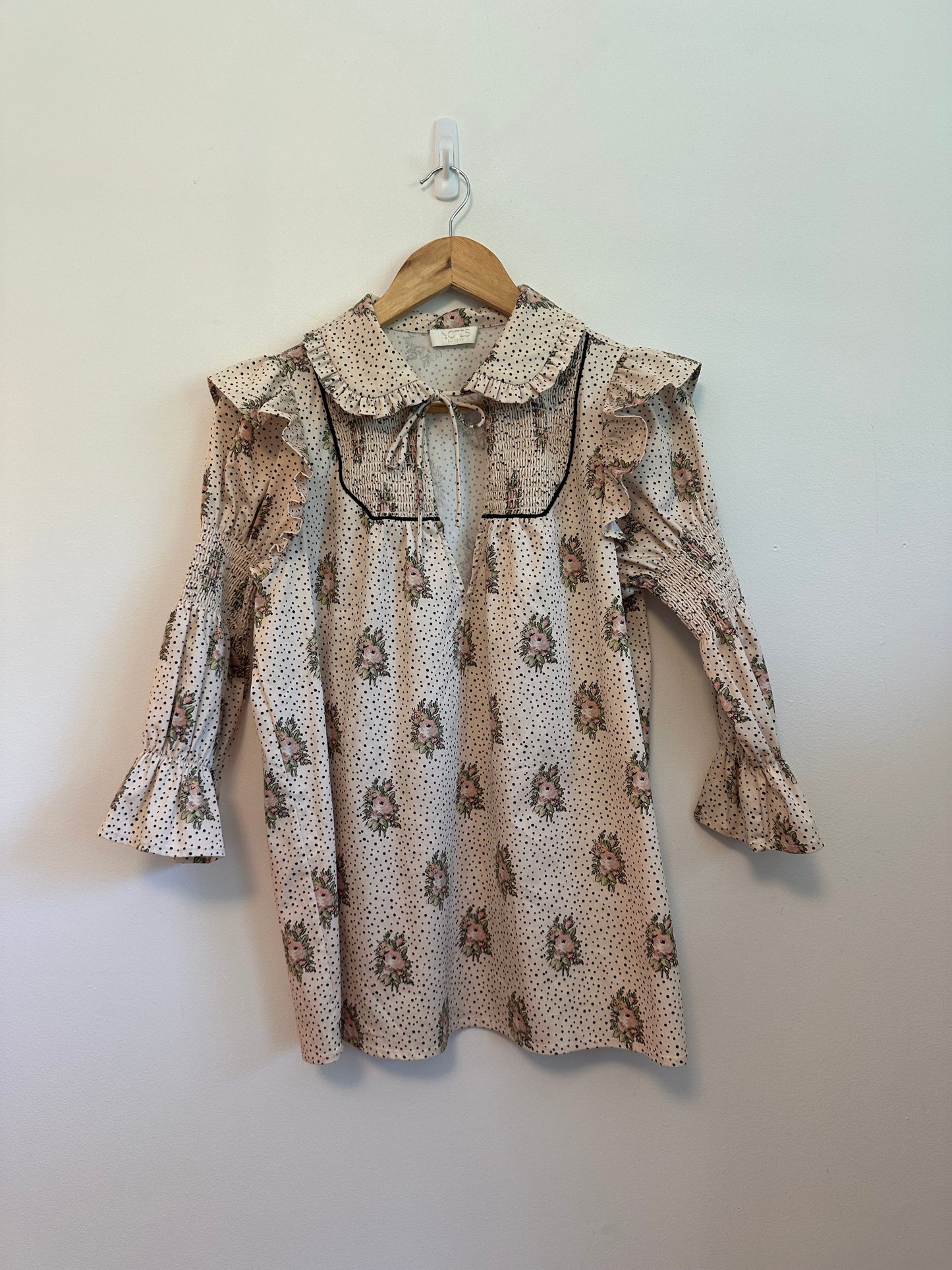 Notes du Nord Floral Polka Dot Ruffle Smocked Tie Neck Blouse