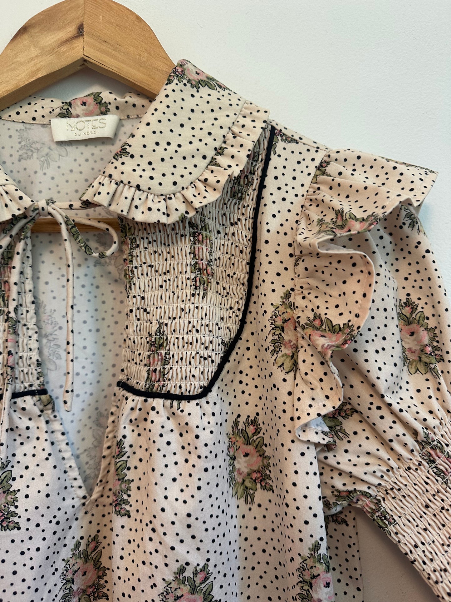 Notes du Nord Floral Polka Dot Ruffle Smocked Tie Neck Blouse