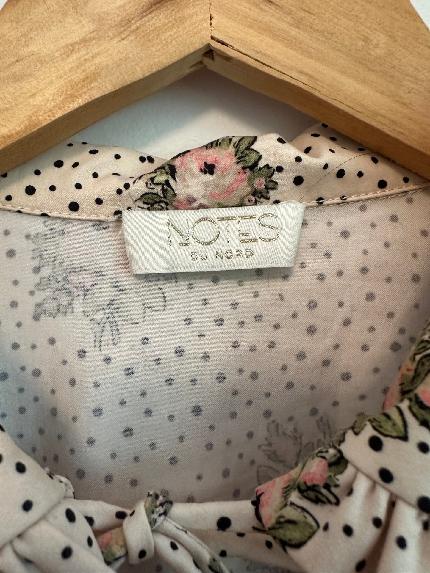 Notes du Nord Floral Polka Dot Ruffle Smocked Tie Neck Blouse