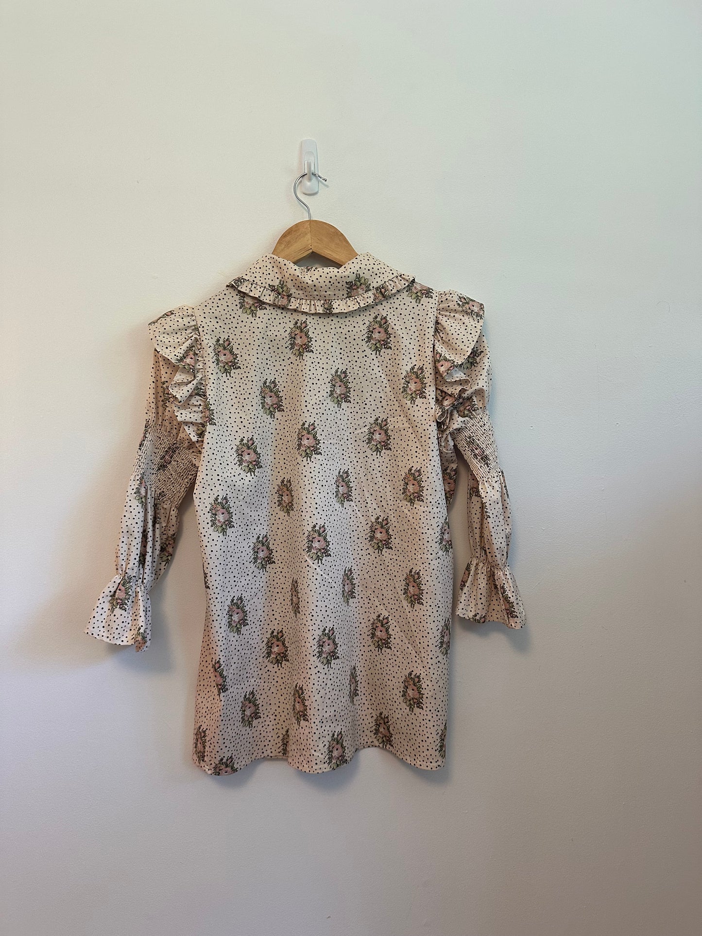 Notes du Nord Floral Polka Dot Ruffle Smocked Tie Neck Blouse