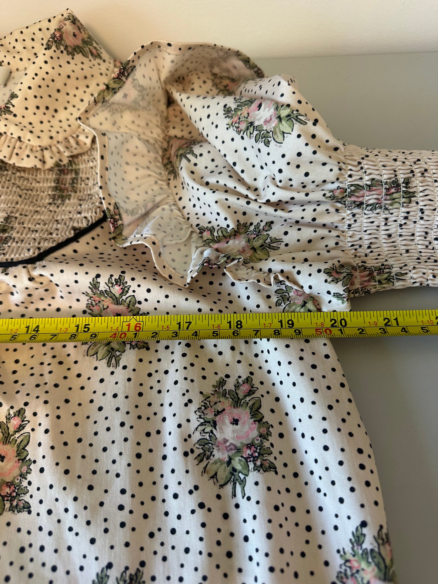 Notes du Nord Floral Polka Dot Ruffle Smocked Tie Neck Blouse