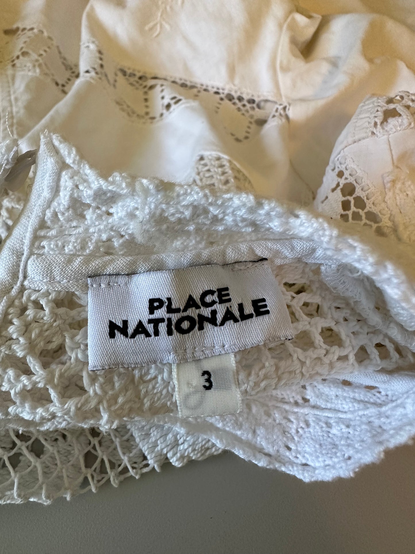 Place Nationale Cotton Crochet Lace Mock Neck Button Back Blouse in White | Size 3 (Medium)