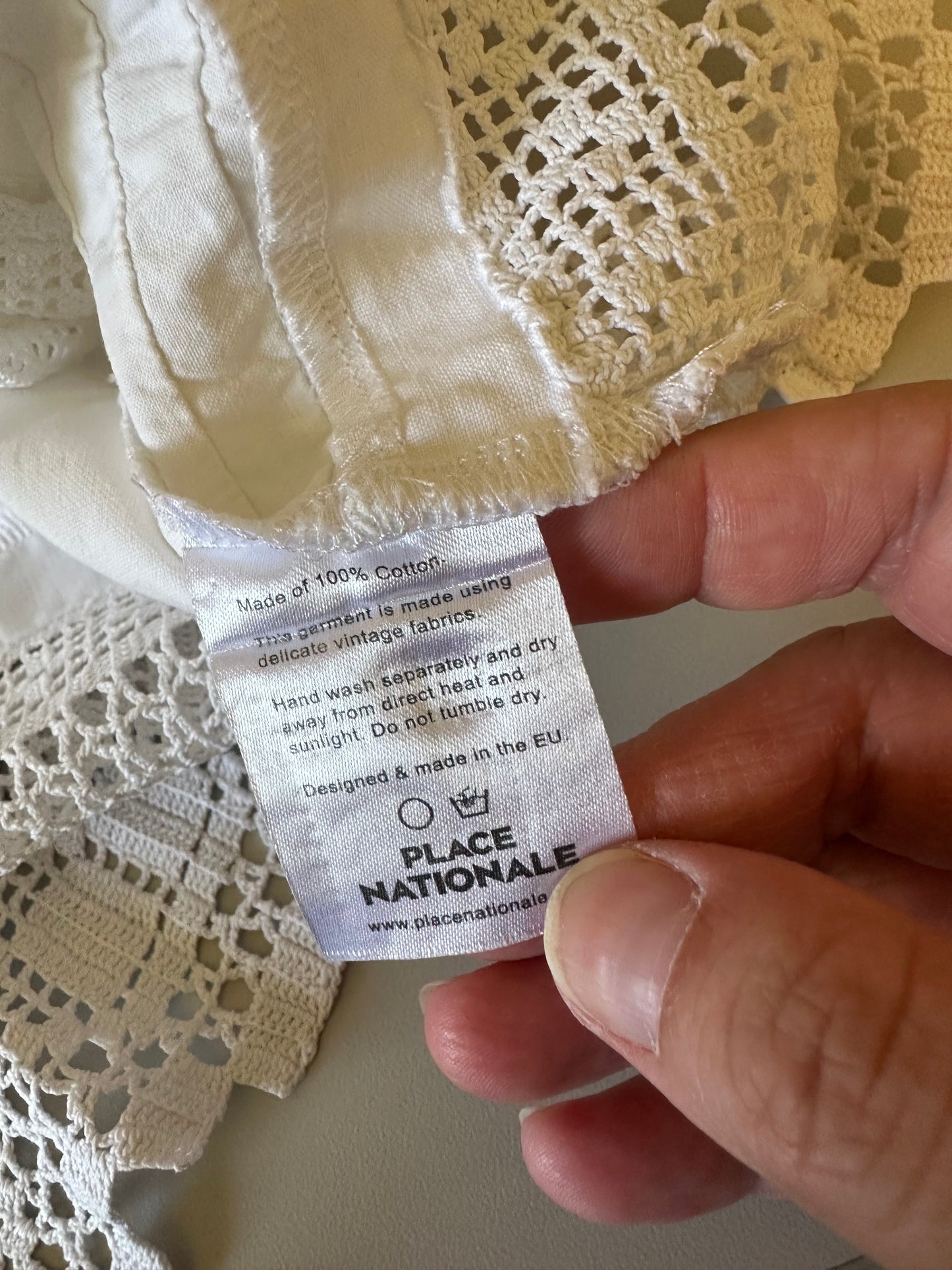 Place Nationale Cotton Crochet Lace Mock Neck Button Back Blouse in White | Size 3 (Medium)