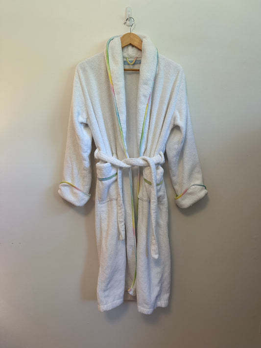 Hill House Home Hotel Robe in White Terry Cloth and Rainbow Trim | Size S/M