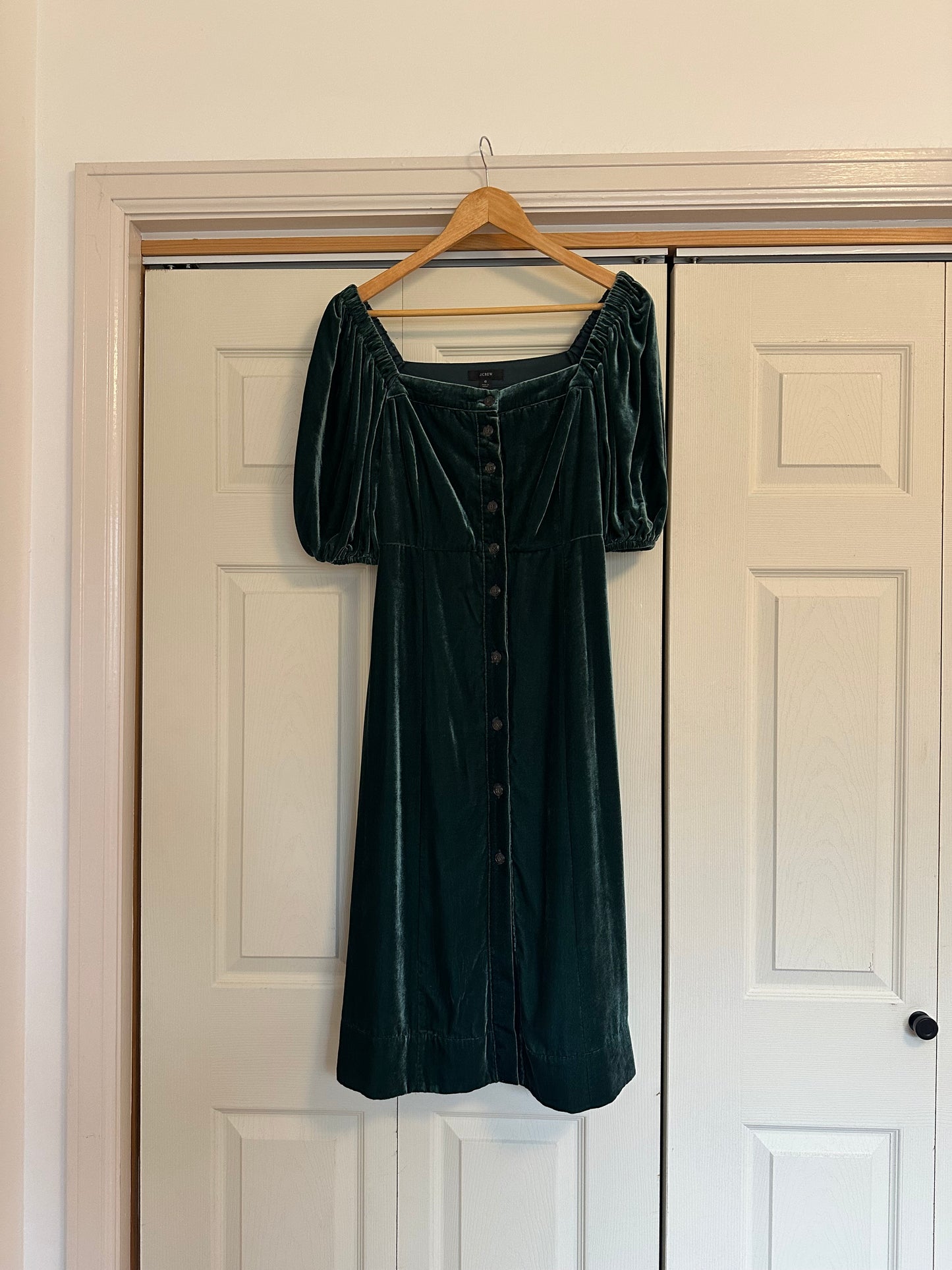 J. Crew Puff Sleeve Button Front Forest Green Velvet Dress | Size 6