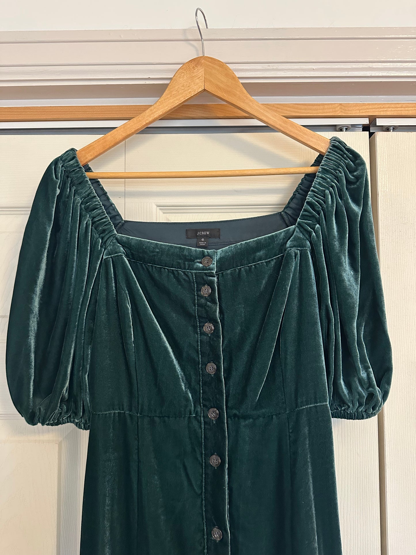 J. Crew Puff Sleeve Button Front Forest Green Velvet Dress | Size 6
