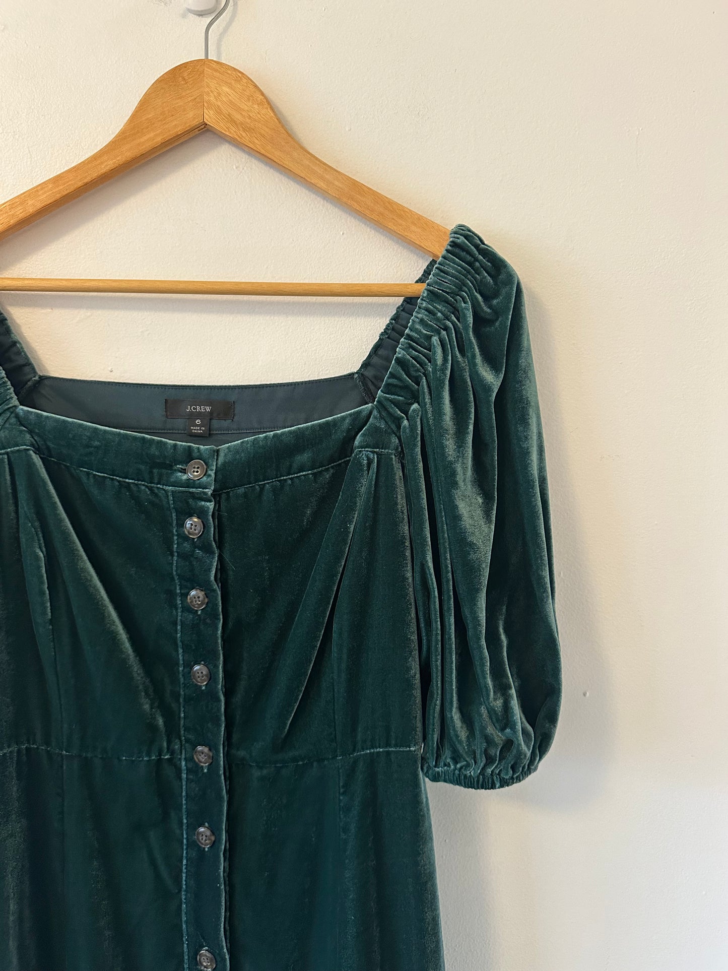 J. Crew Puff Sleeve Button Front Forest Green Velvet Dress | Size 6