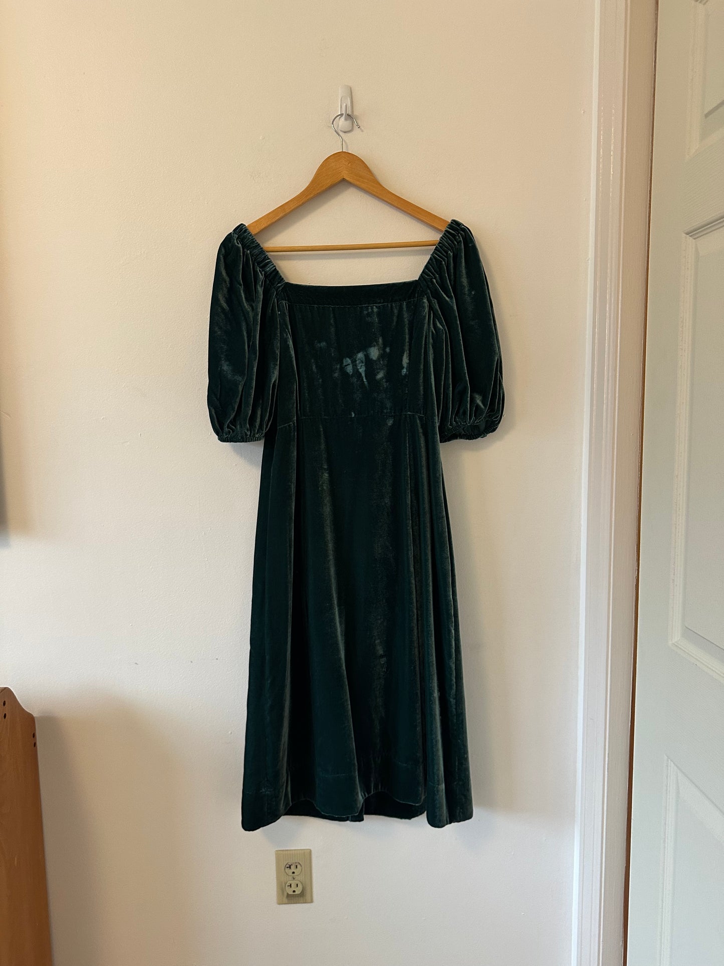 J. Crew Puff Sleeve Button Front Forest Green Velvet Dress | Size 6