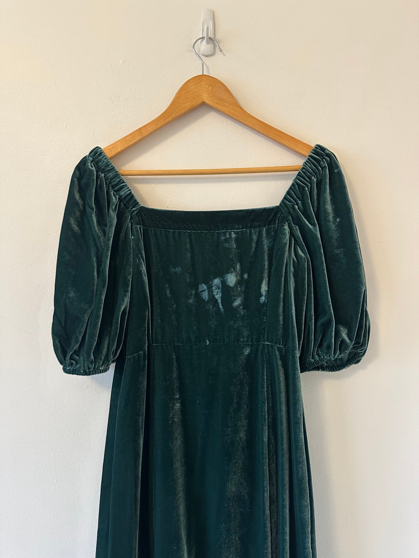 J. Crew Puff Sleeve Button Front Forest Green Velvet Dress | Size 6