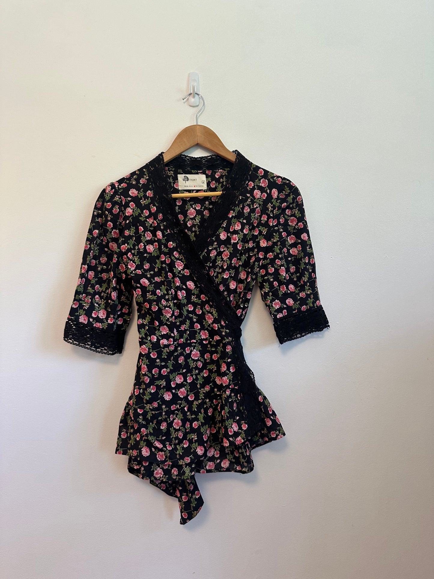 Anthropologie Lavaudie Floral Wrap Top in Black Motif by Kopal | Size Medium
