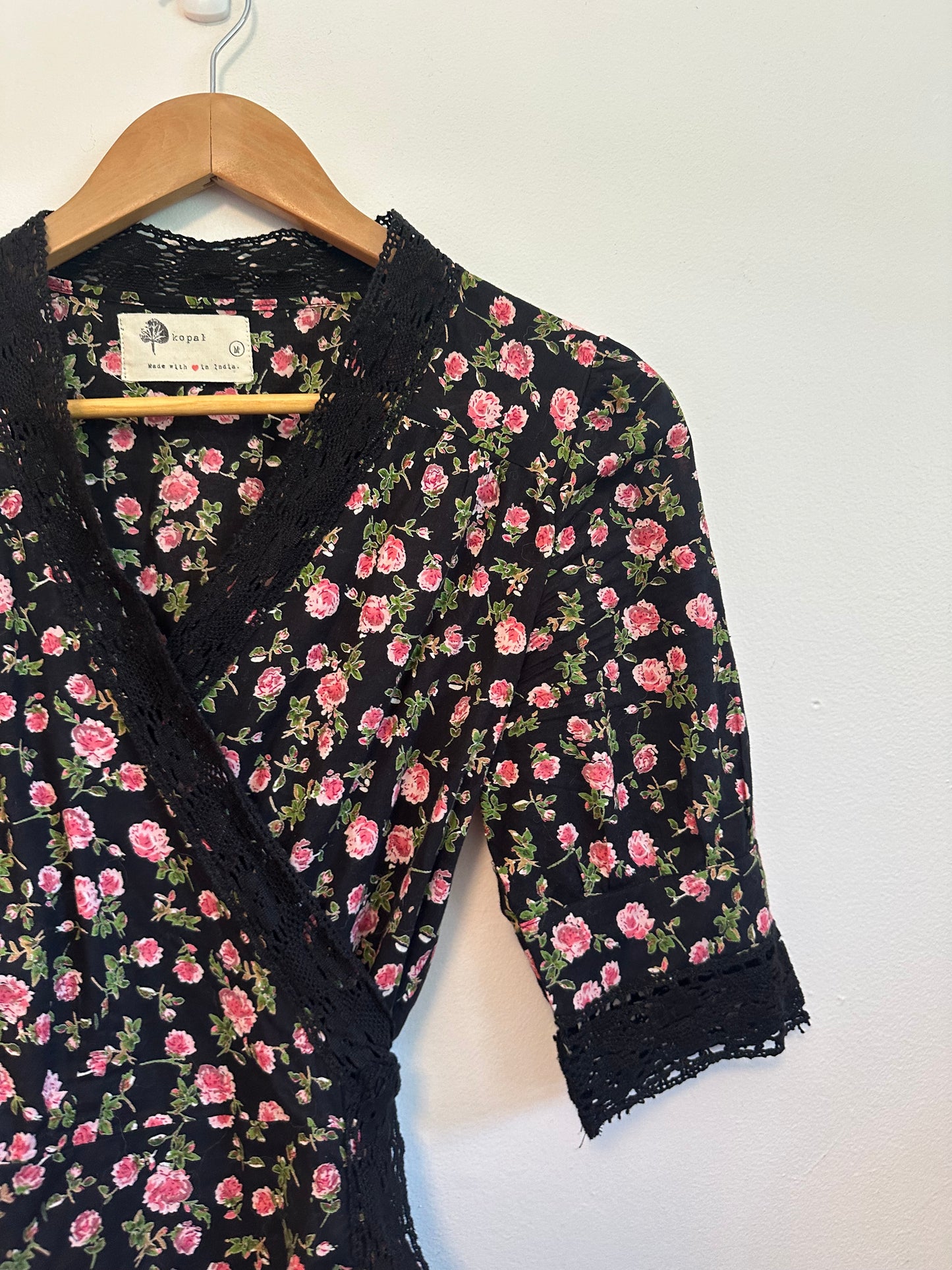 Anthropologie Lavaudie Floral Wrap Top in Black Motif by Kopal | Size Medium