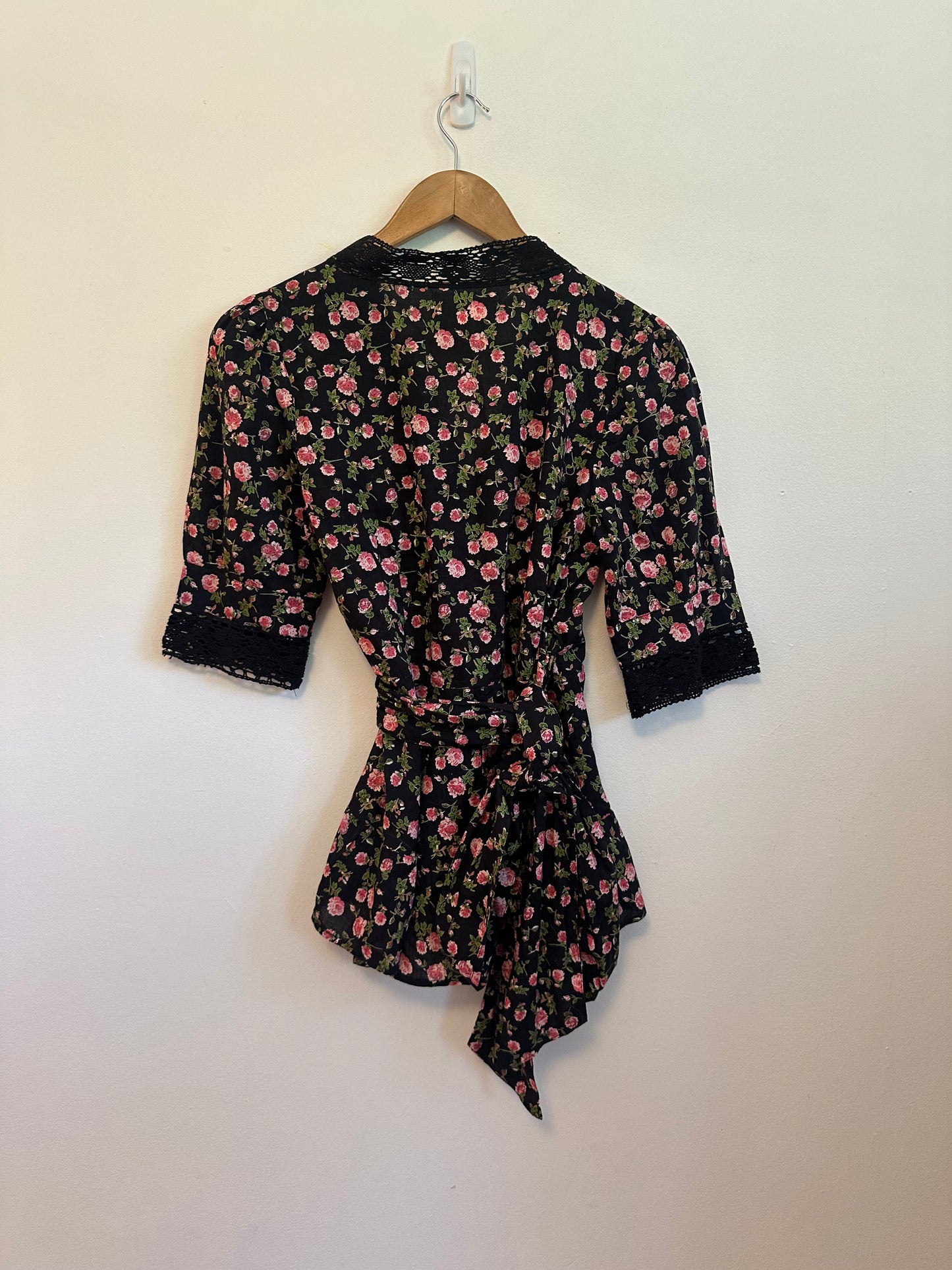 Anthropologie Lavaudie Floral Wrap Top in Black Motif by Kopal | Size Medium