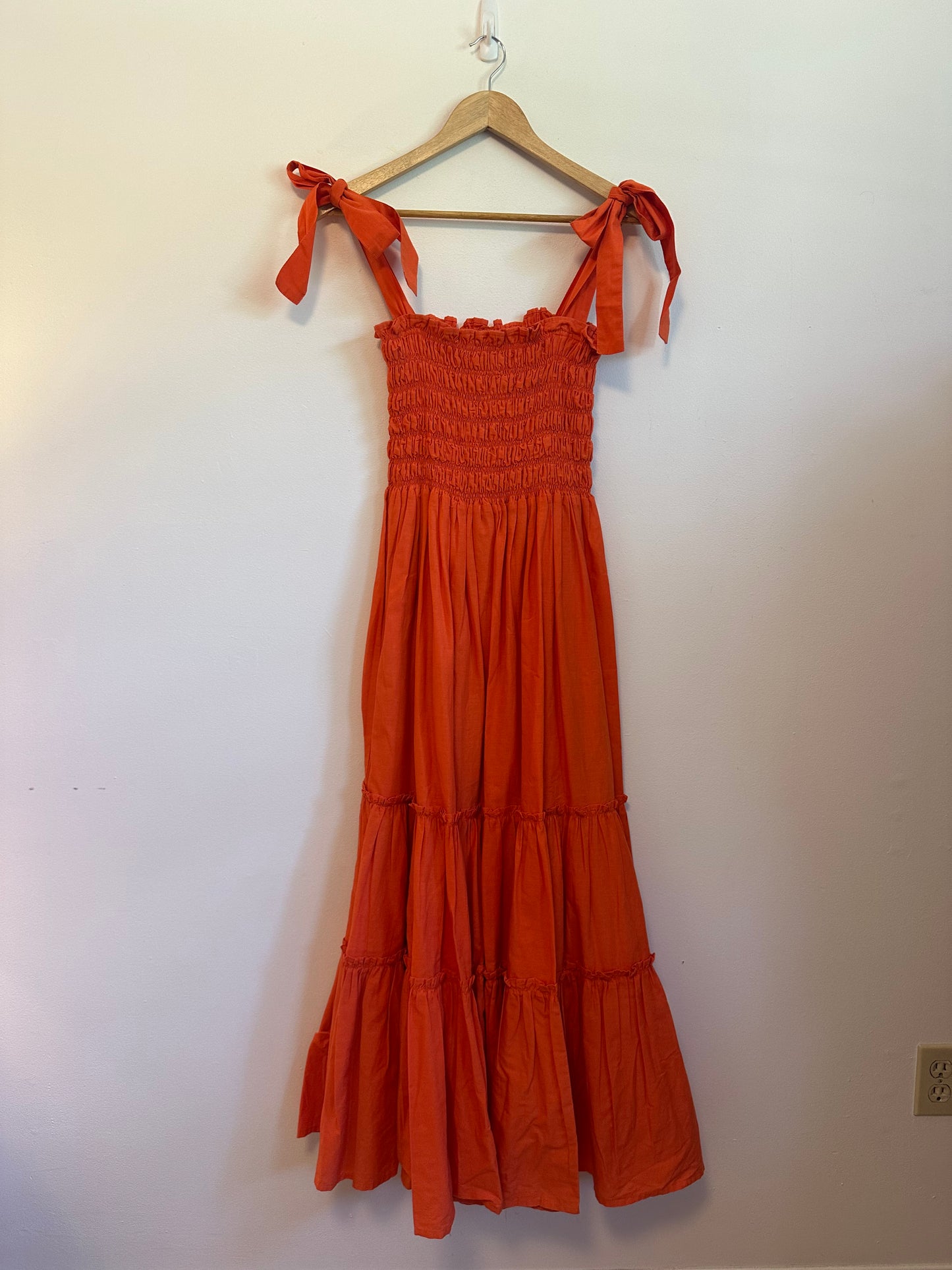 Dynasty George Clementine Maxi Cotton Smocked Dress in Orange | Size XS