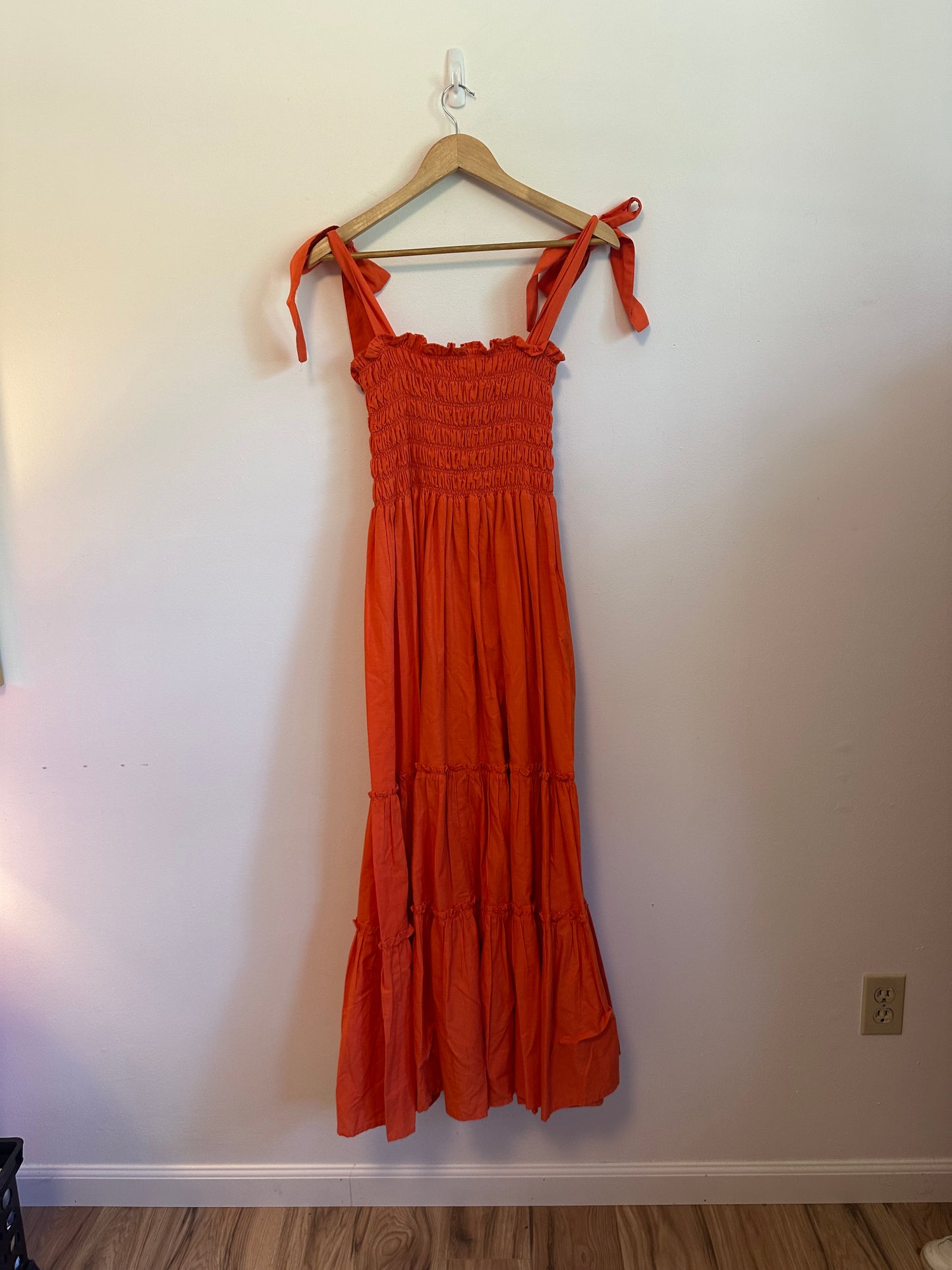 Dynasty George Clementine Maxi Cotton Smocked Dress in Orange | Size XS