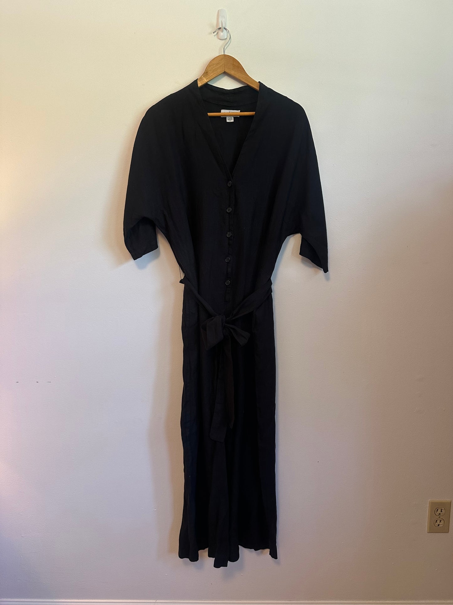 Velvet by Graham & Spencer Black Linen Button Front Wide Leg Jumpsuit | Size Small