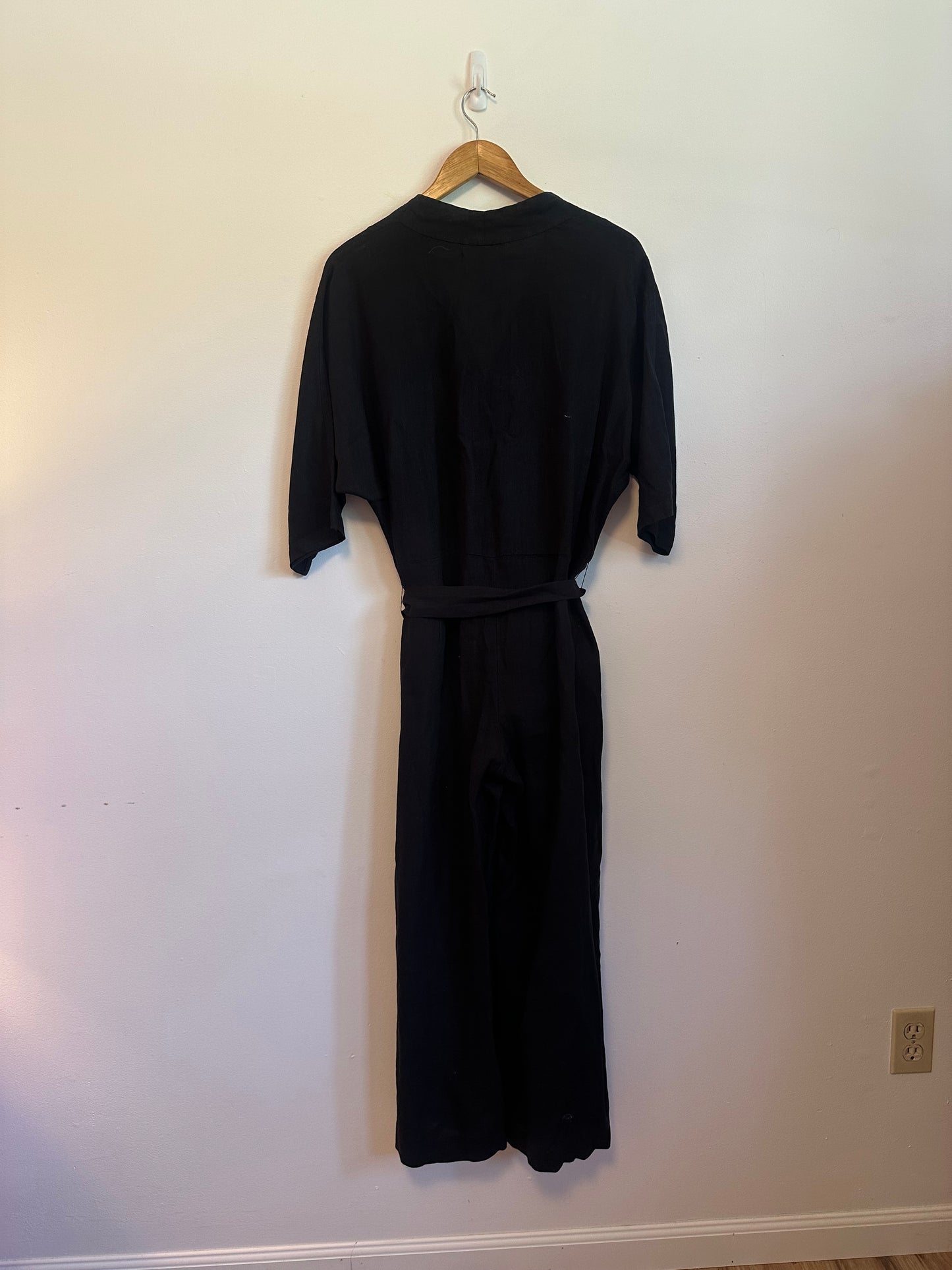 Velvet by Graham & Spencer Black Linen Button Front Wide Leg Jumpsuit | Size Small