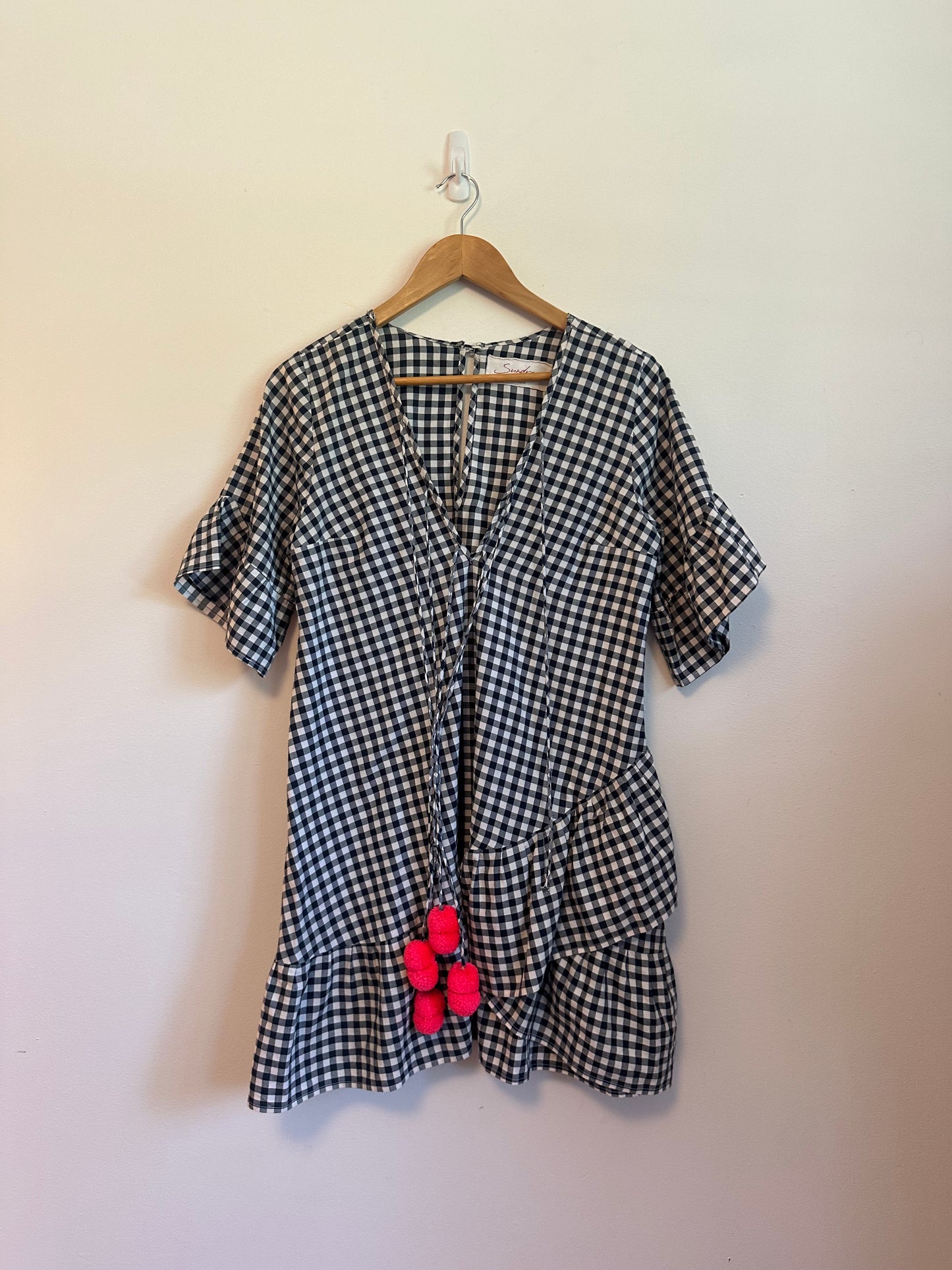 Sundress Gingham Mini Dress in Black and White and Neon Pink Pom Poms | Size XS/S