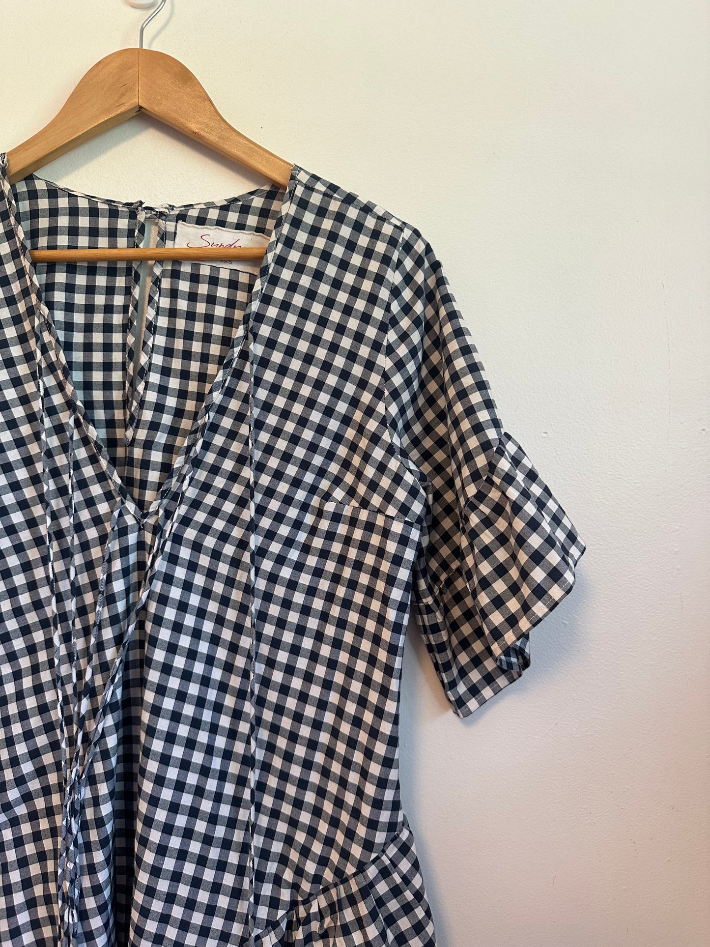 Sundress Gingham Mini Dress in Black and White and Neon Pink Pom Poms | Size XS/S