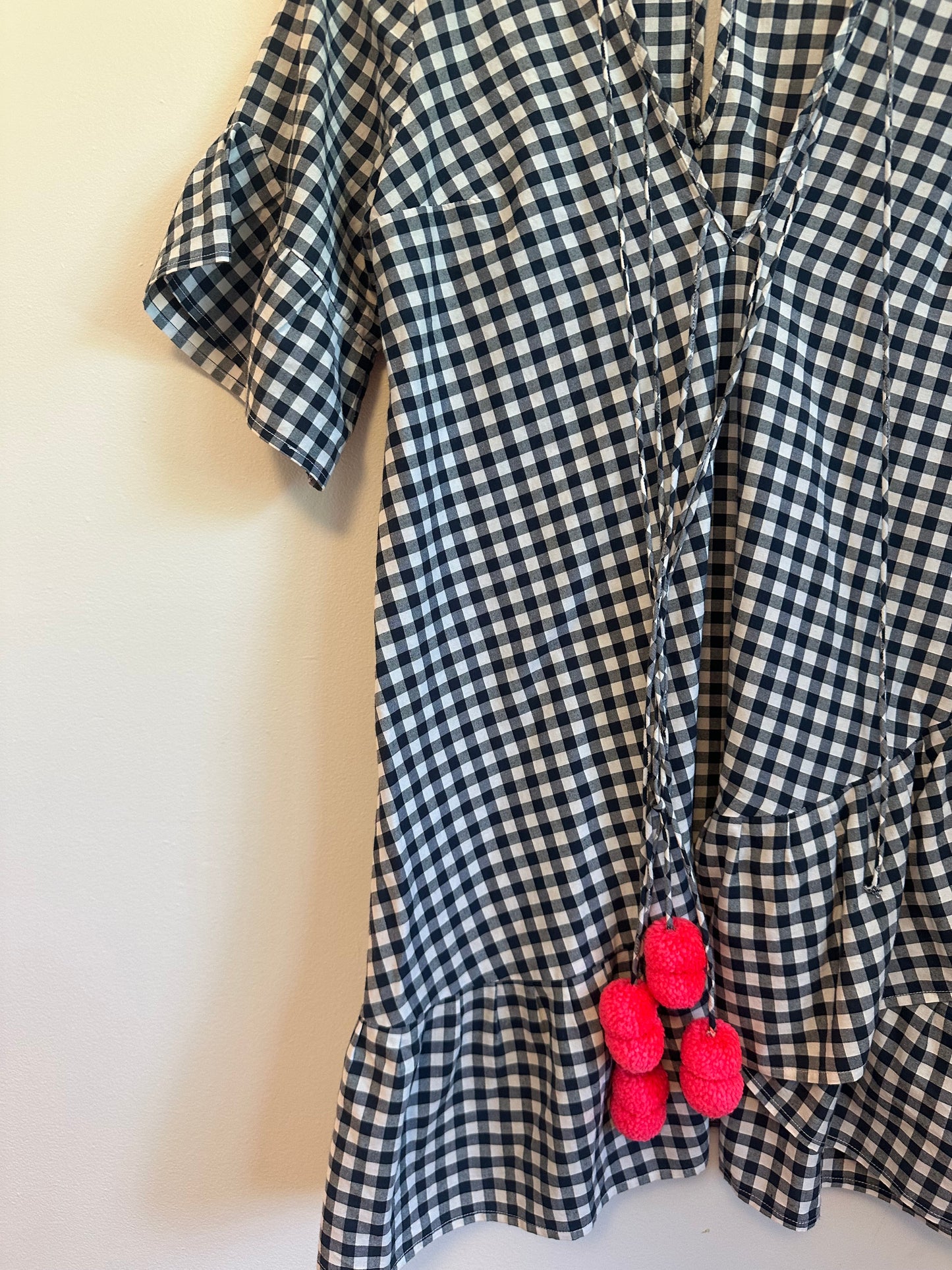 Sundress Gingham Mini Dress in Black and White and Neon Pink Pom Poms | Size XS/S