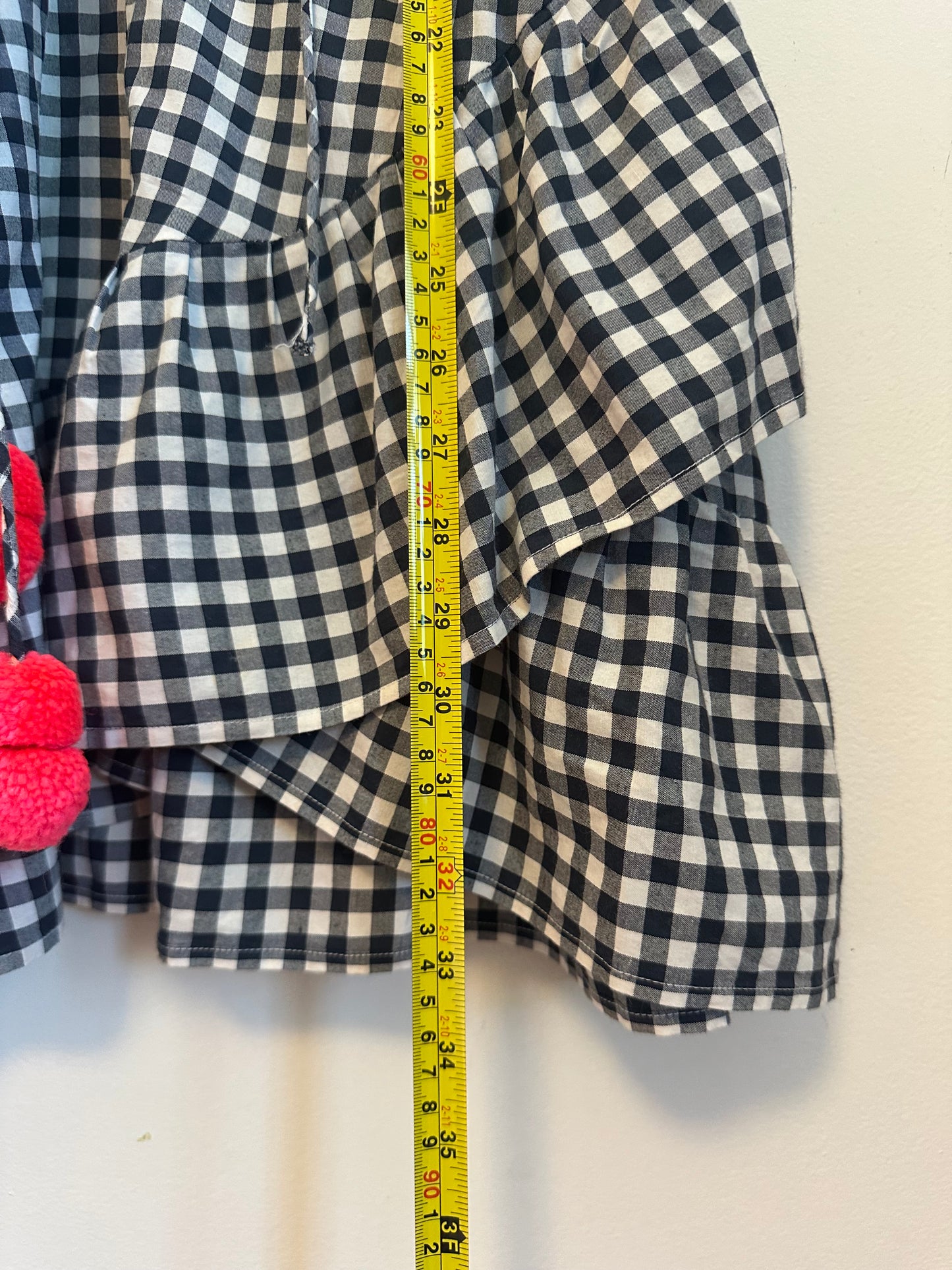 Sundress Gingham Mini Dress in Black and White and Neon Pink Pom Poms | Size XS/S