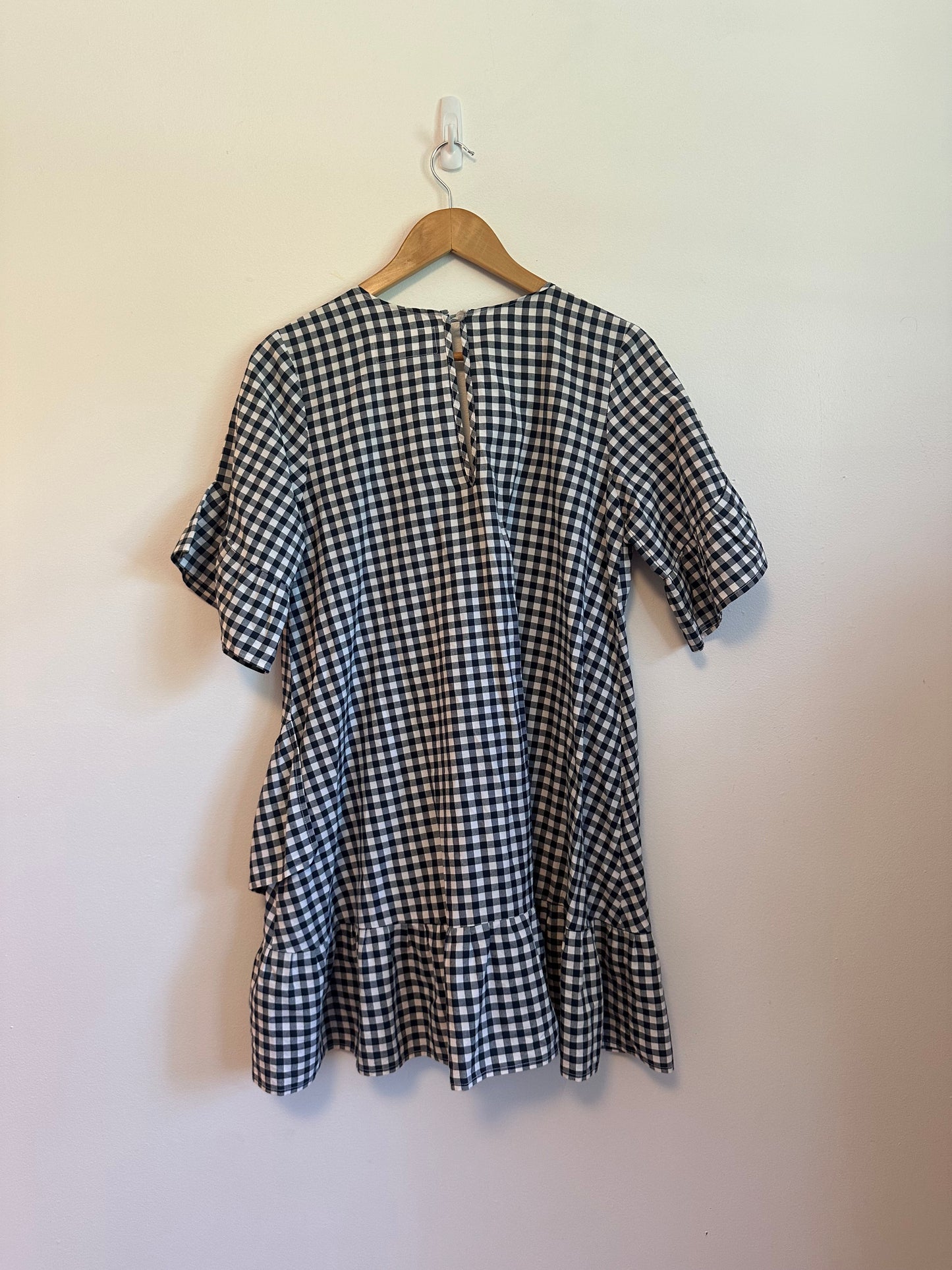 Sundress Gingham Mini Dress in Black and White and Neon Pink Pom Poms | Size XS/S