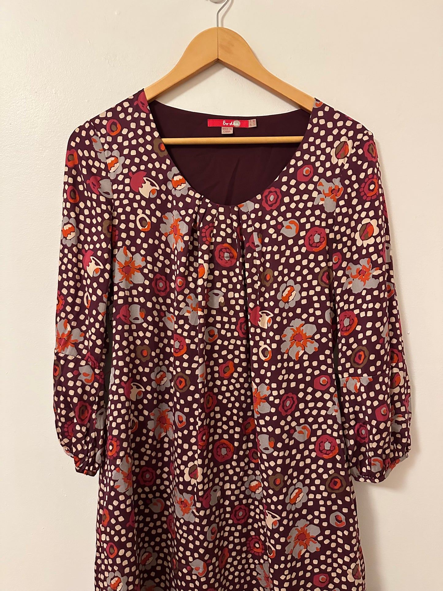 Boden Silk Long Sleeve Dress in Burgundy Polka Dot | Size 8