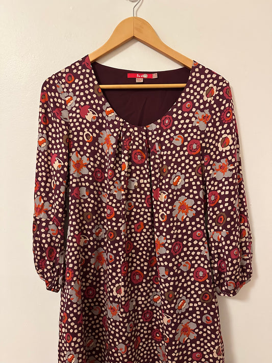Boden Silk Long Sleeve Dress in Burgundy Polka Dot | Size 8