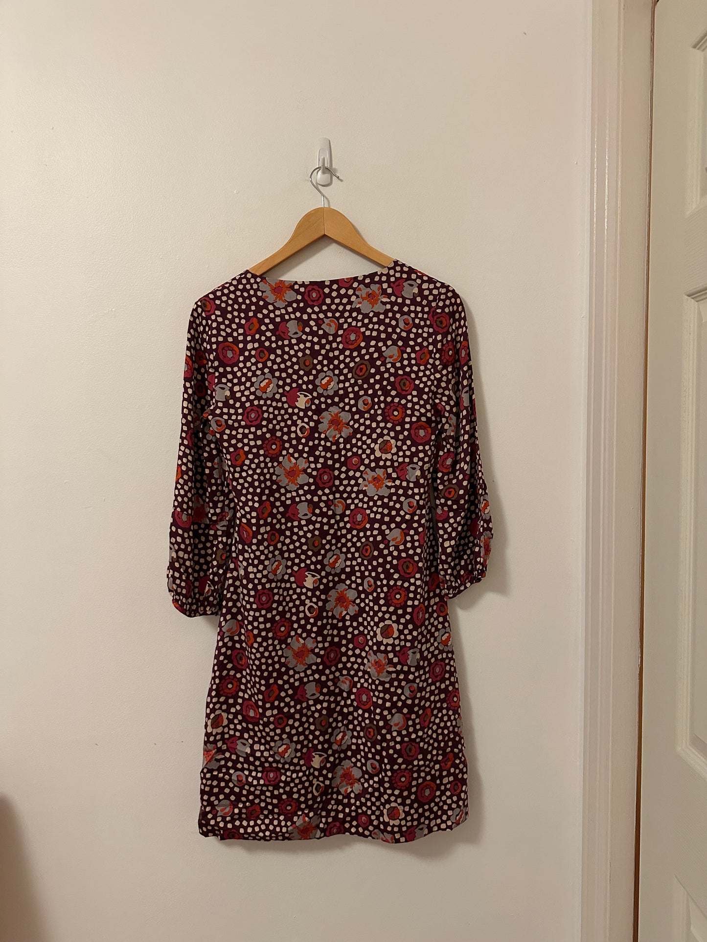 Boden Silk Long Sleeve Dress in Burgundy Polka Dot | Size 8