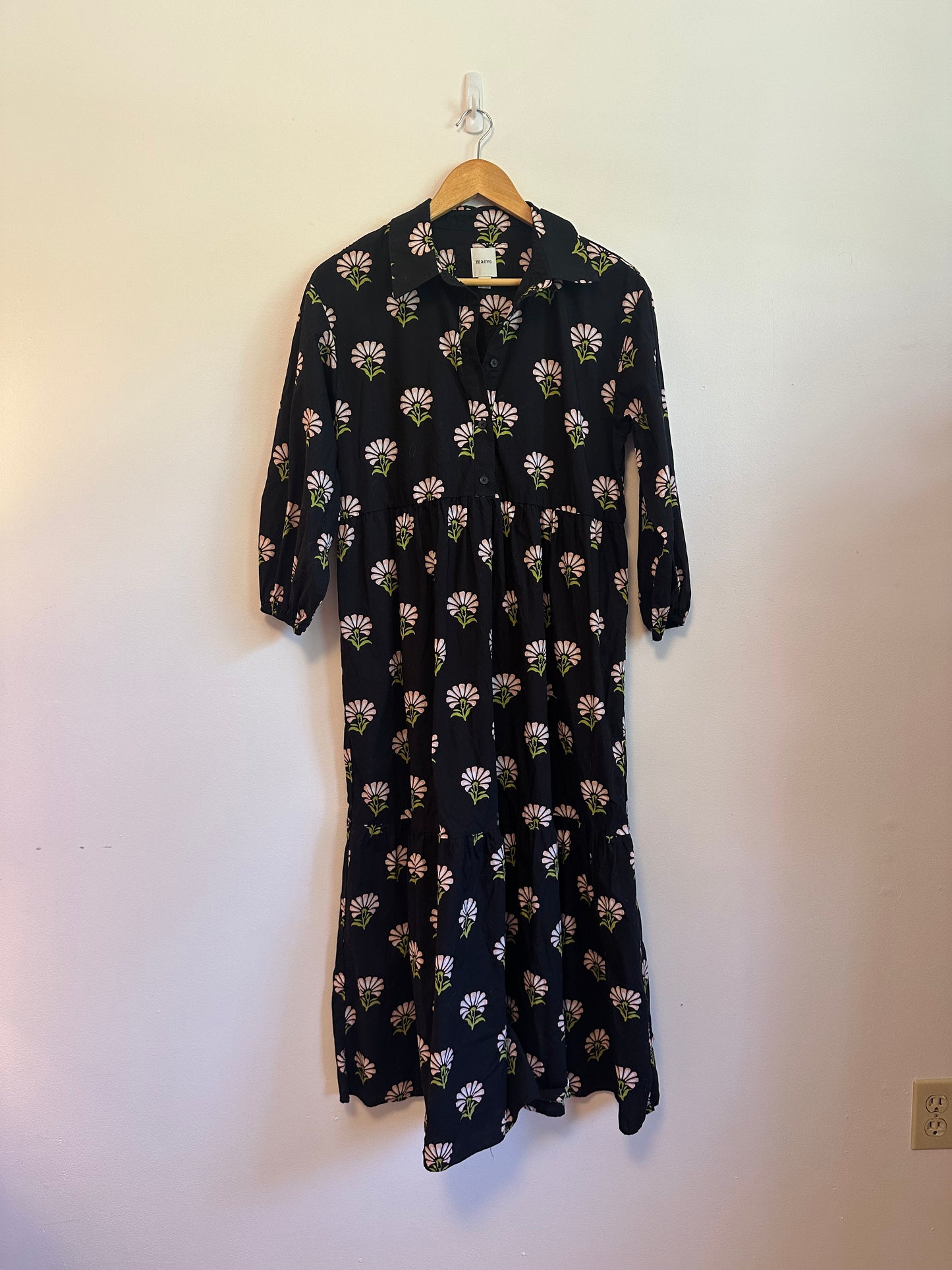 Maeve The Bettina Black Floral Tiered Cotton Shirt Dress | Size Small
