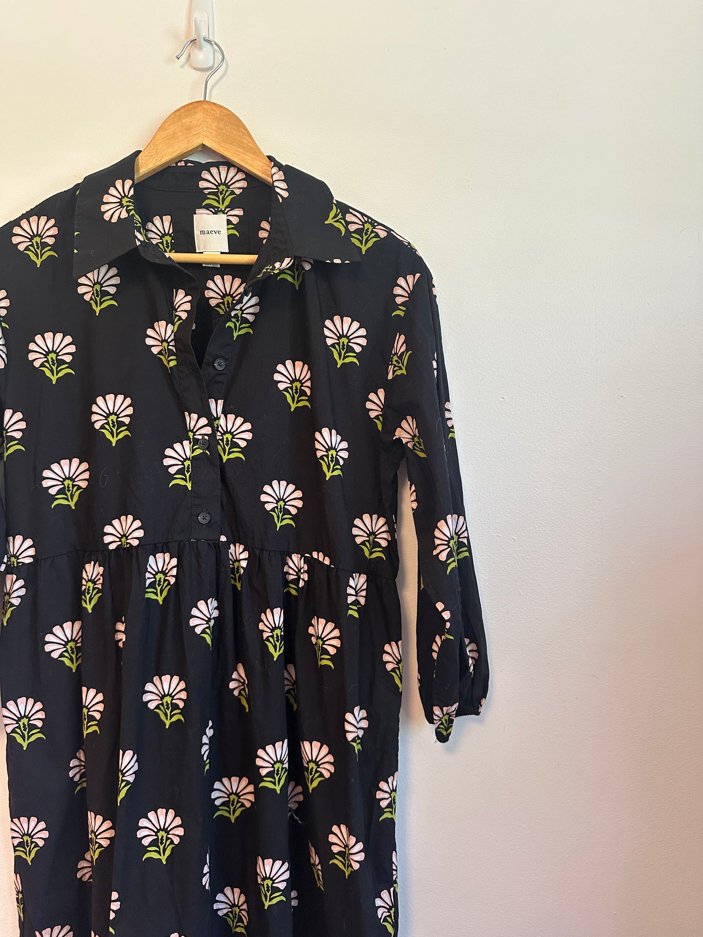 Maeve The Bettina Black Floral Tiered Cotton Shirt Dress | Size Small