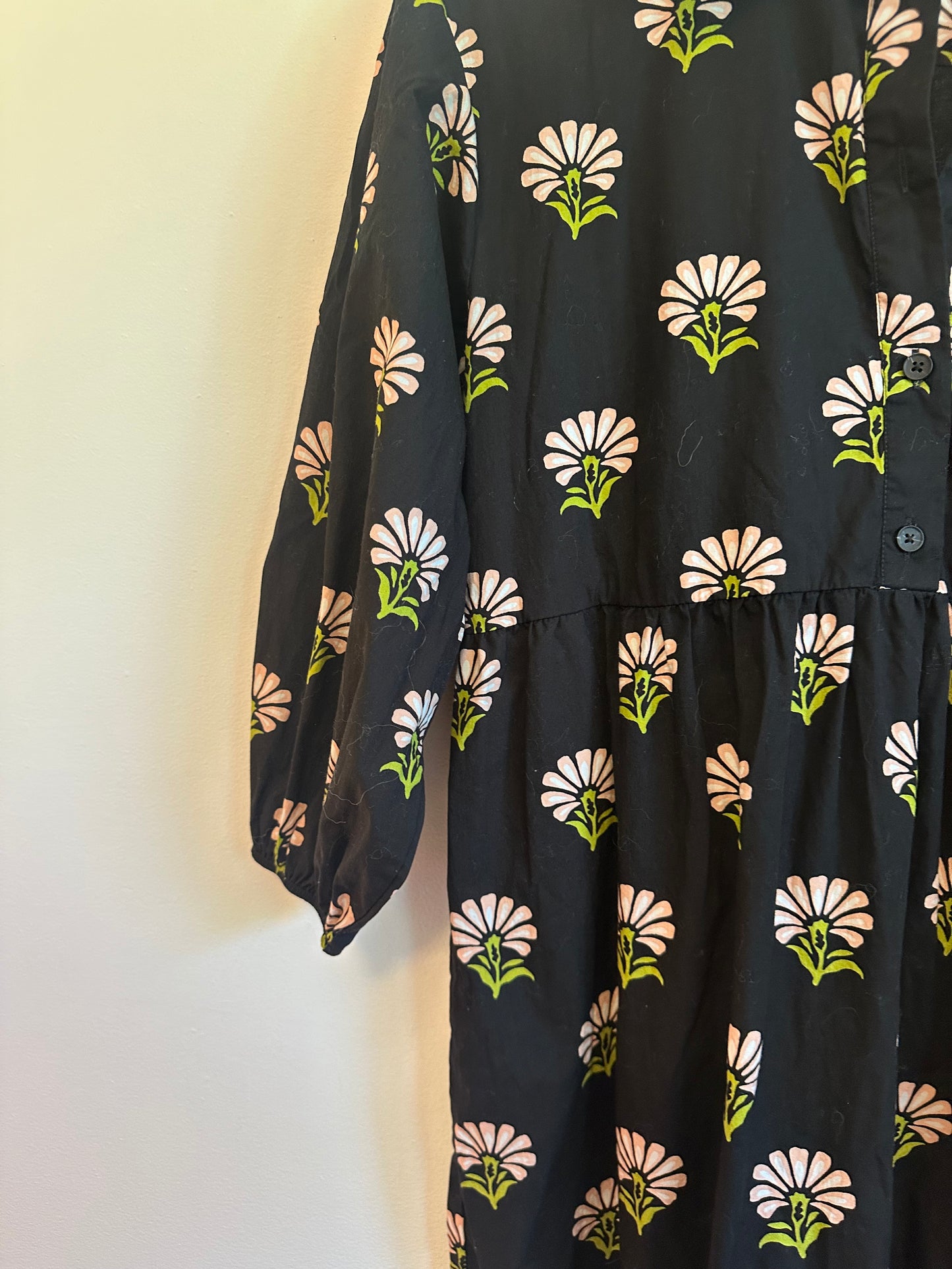 Maeve The Bettina Black Floral Tiered Cotton Shirt Dress | Size Small
