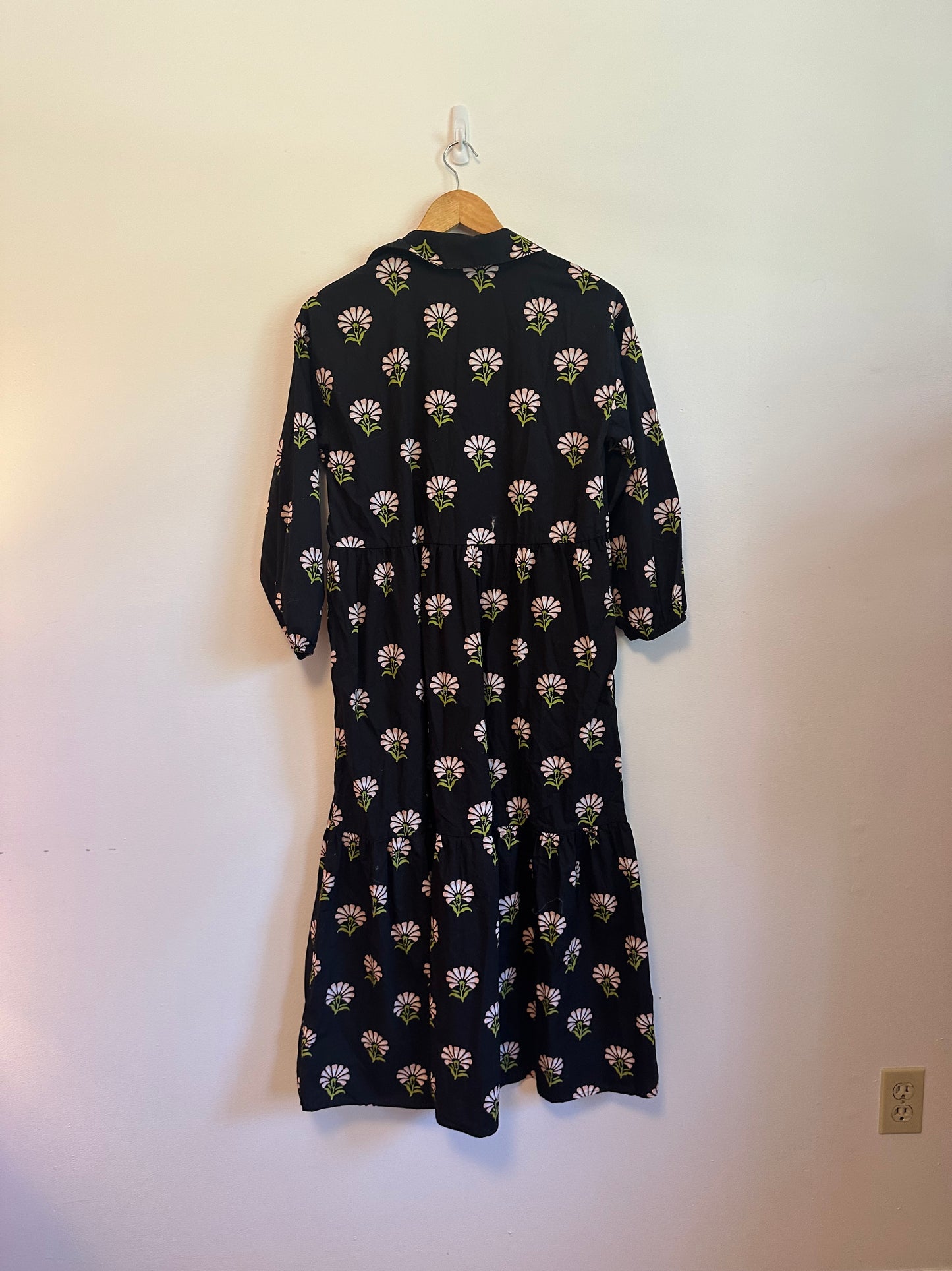 Maeve The Bettina Black Floral Tiered Cotton Shirt Dress | Size Small