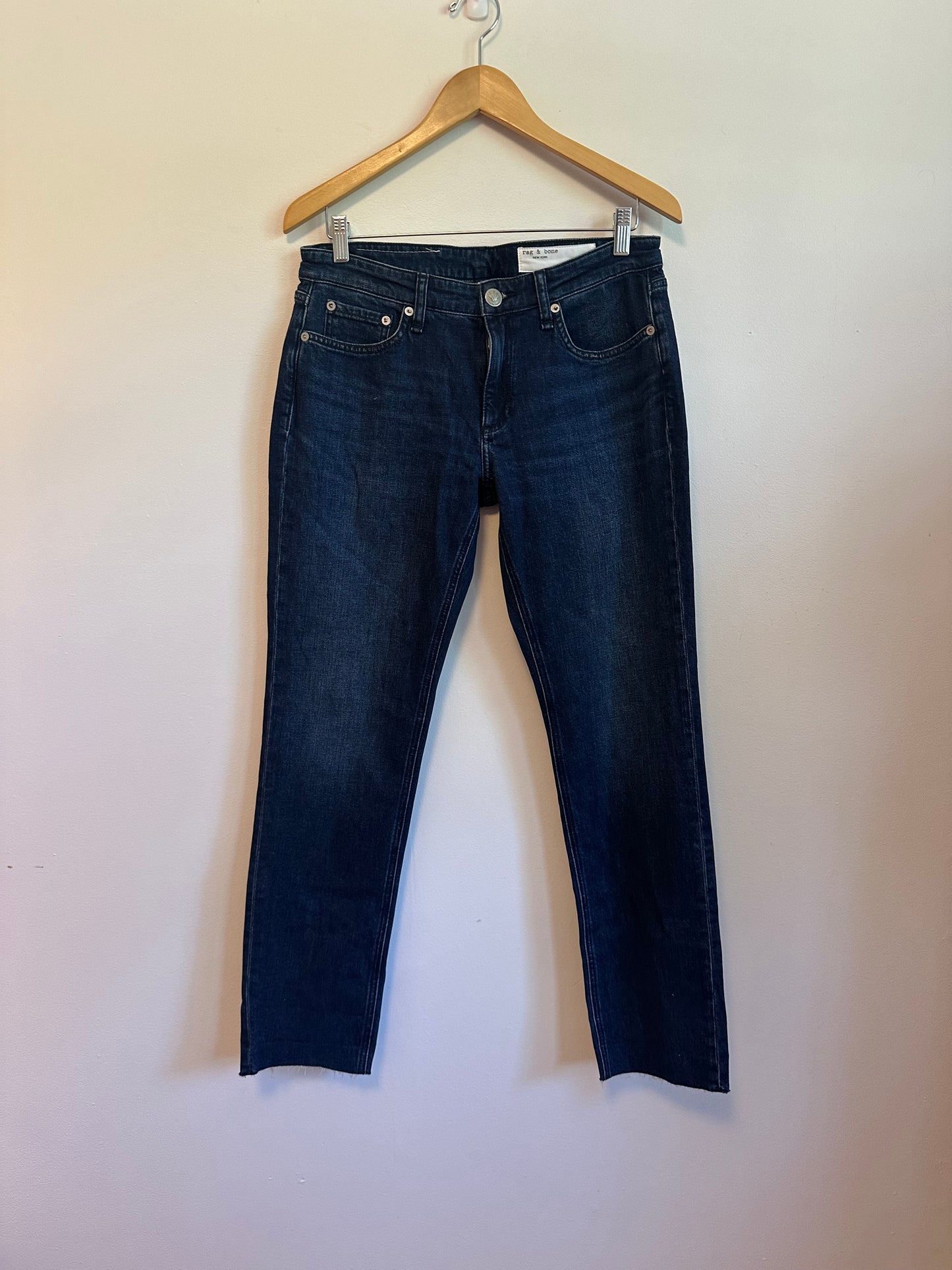 NWT Rag & Bone Dre Boyfriend Low Rise Slim Ella Dark Wash Raw Hem Jeans | Size 27