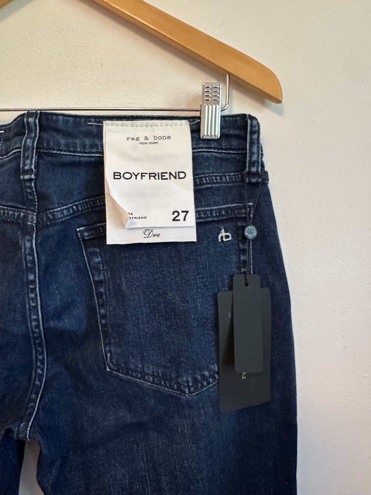 NWT Rag & Bone Dre Boyfriend Low Rise Slim Ella Dark Wash Raw Hem Jeans | Size 27