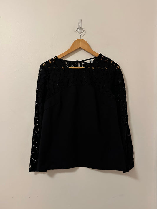 Boden Lace Detail Long Sleeve Black Top | Size 8