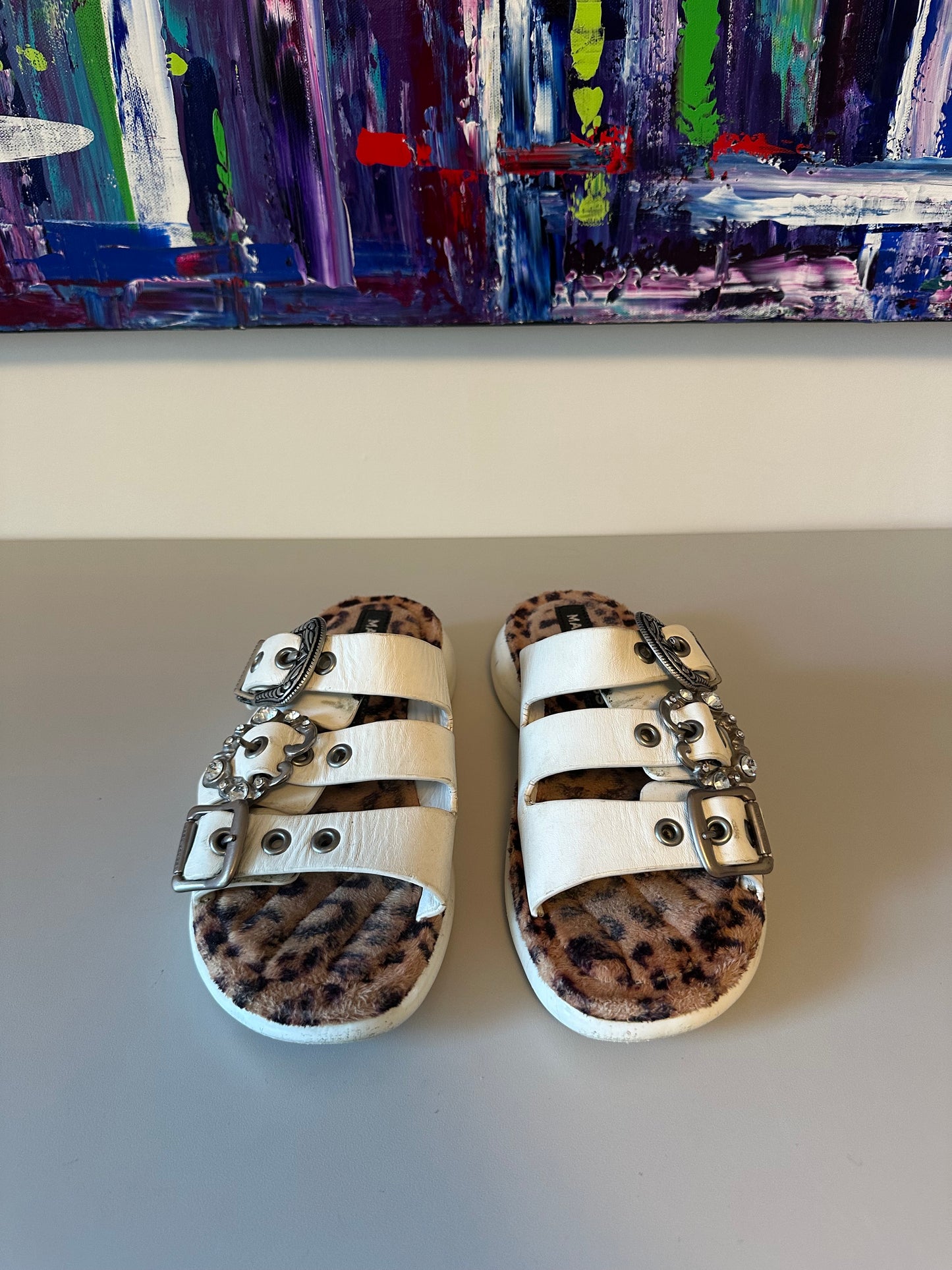 Marc Jacobs Emerson White Leather Leopard Fur Triple Buckle Platform Slides | Size 39