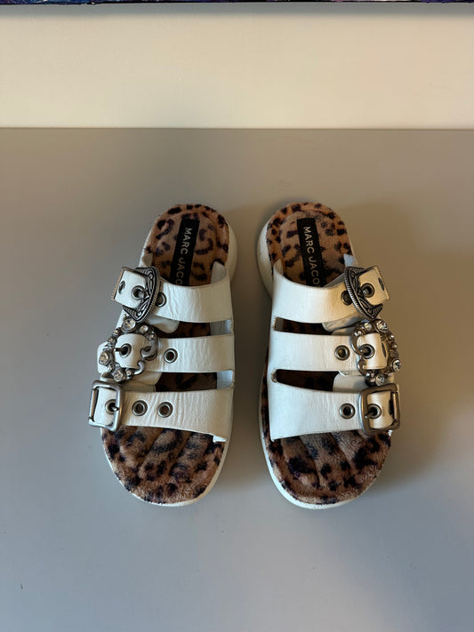 Marc Jacobs Emerson White Leather Leopard Fur Triple Buckle Platform Slides | Size 39
