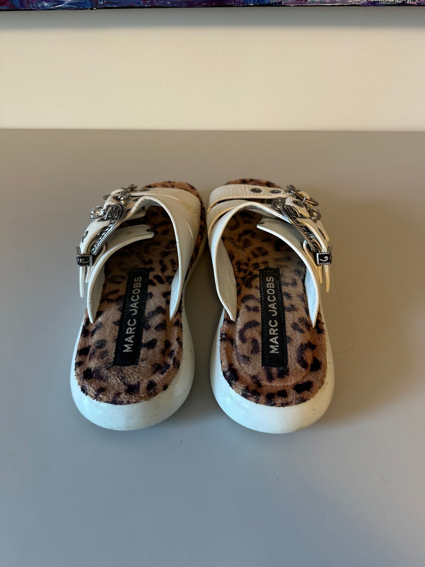 Marc Jacobs Emerson White Leather Leopard Fur Triple Buckle Platform Slides | Size 39