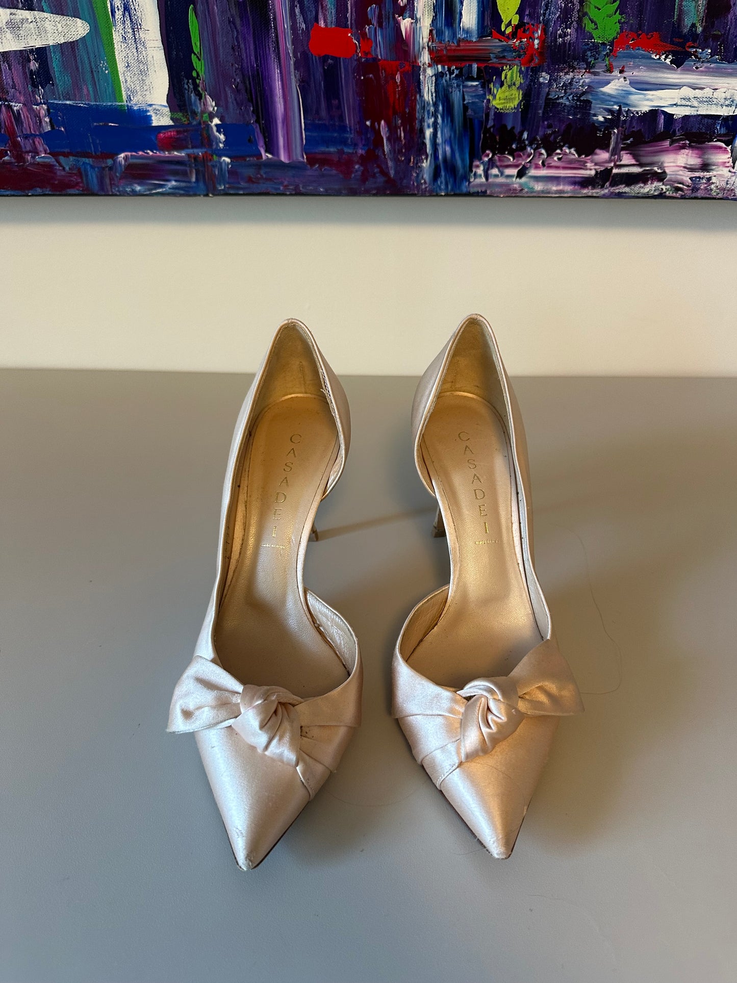 Casadei Champagne Satin Bow d'Orsay Pointed Toe Pumps | Size 38