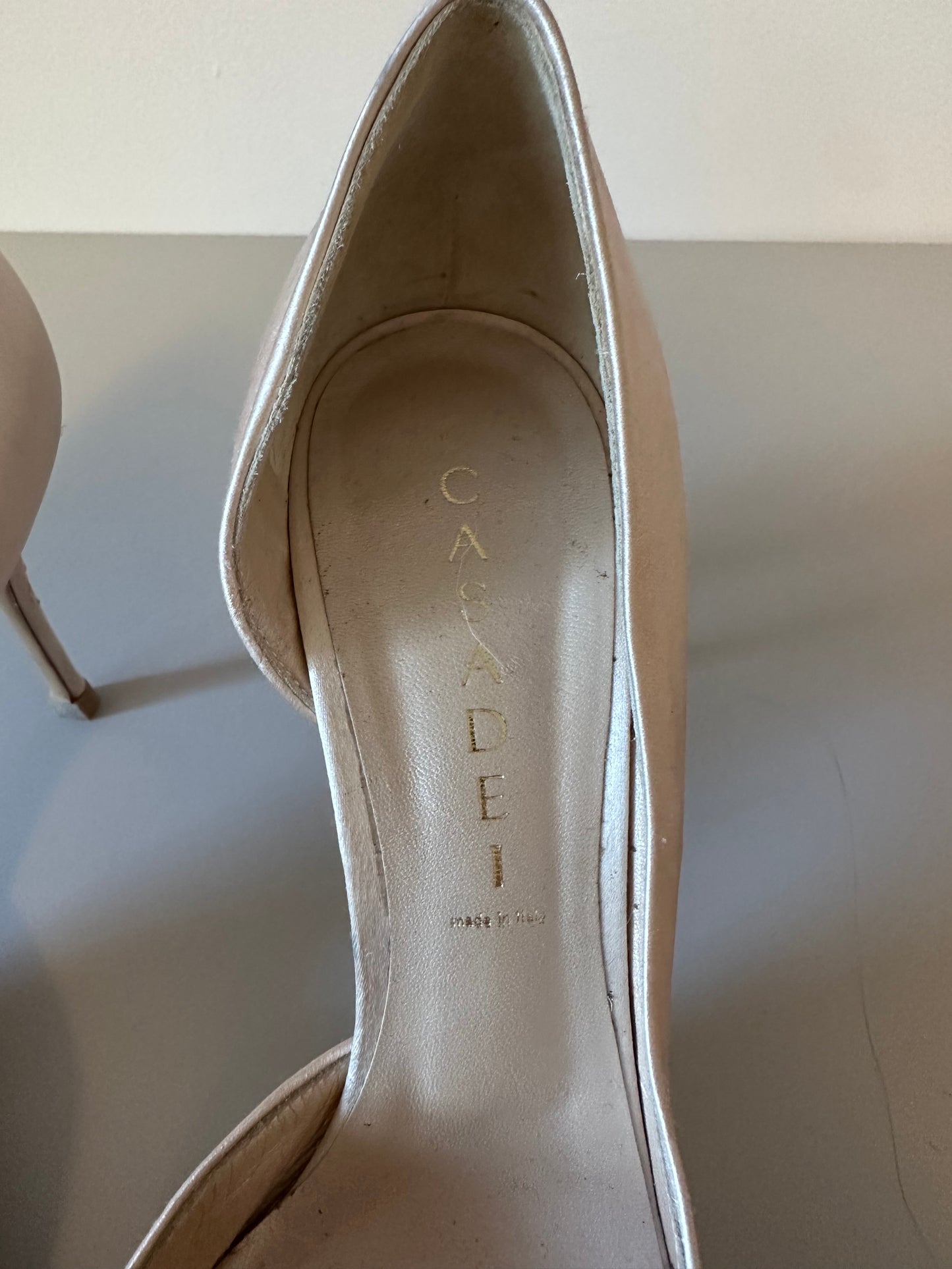 Casadei Champagne Satin Bow d'Orsay Pointed Toe Pumps | Size 38