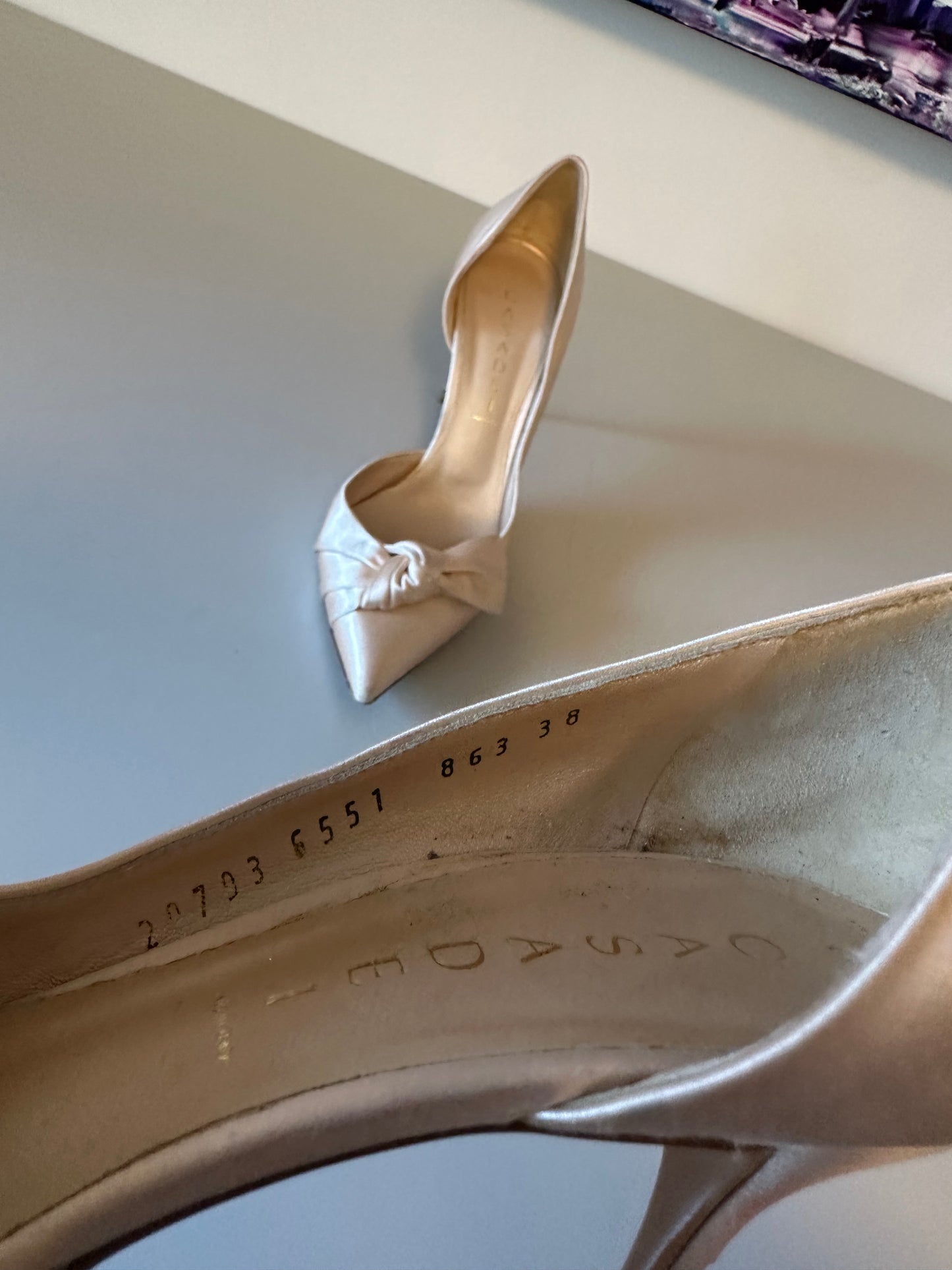 Casadei Champagne Satin Bow d'Orsay Pointed Toe Pumps | Size 38