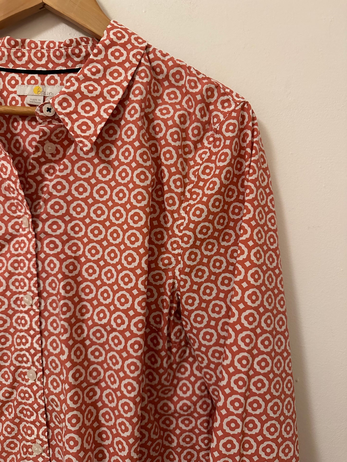 Boden Tara Jersey Button Down Geometric Print Shirt | Size 14