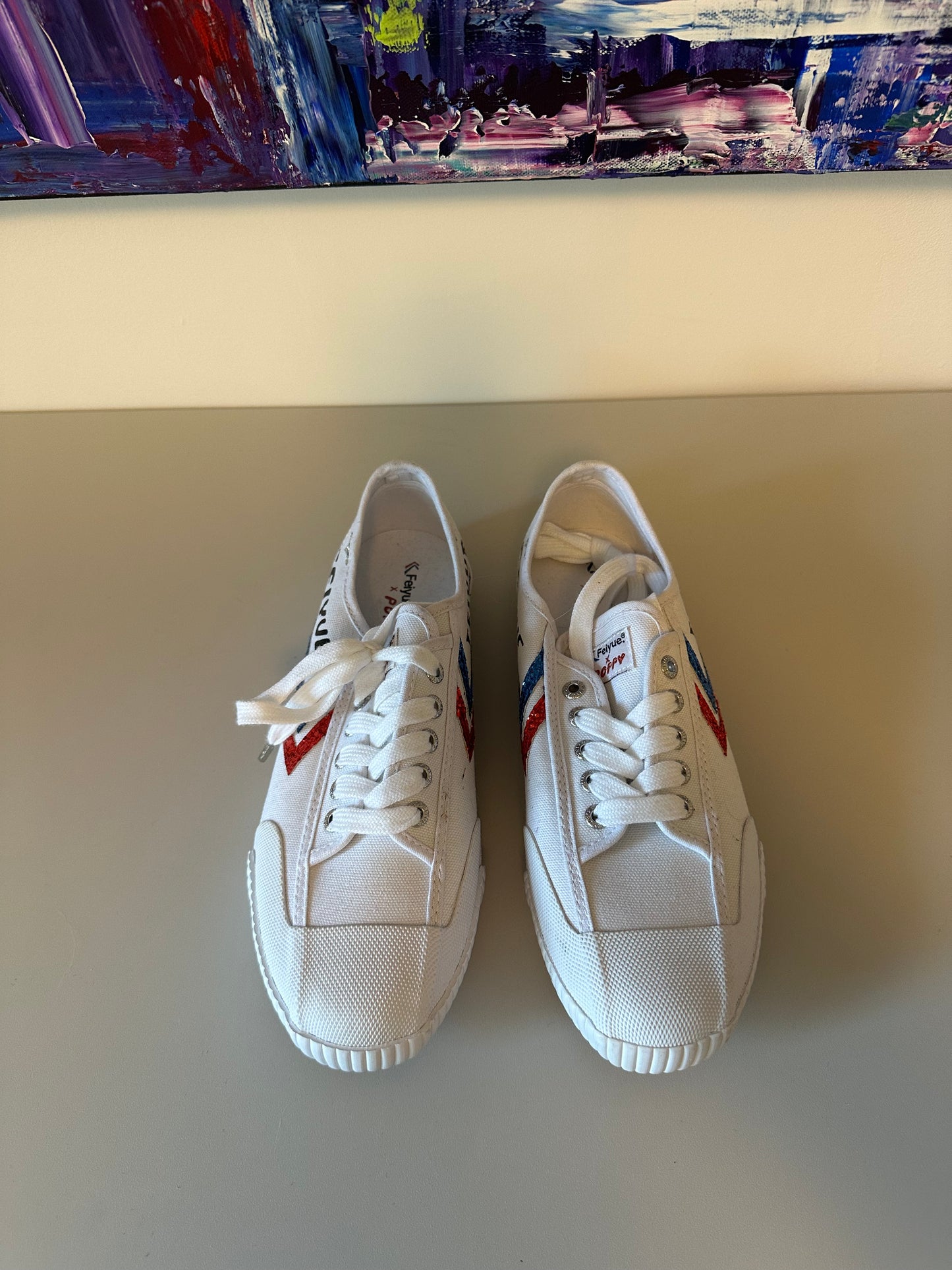 New Feiyue x Peppy Fe Lo Classic White Glitter Chevron Star Canvas Sneakers | Size 9