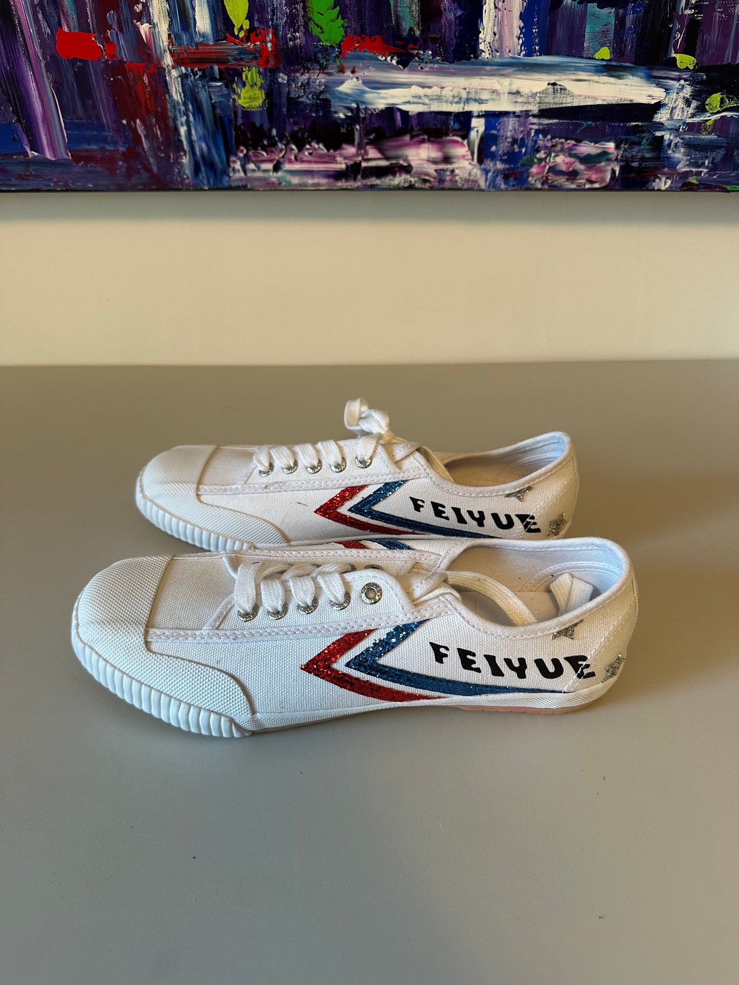 New Feiyue x Peppy Fe Lo Classic White Glitter Chevron Star Canvas Sneakers | Size 9