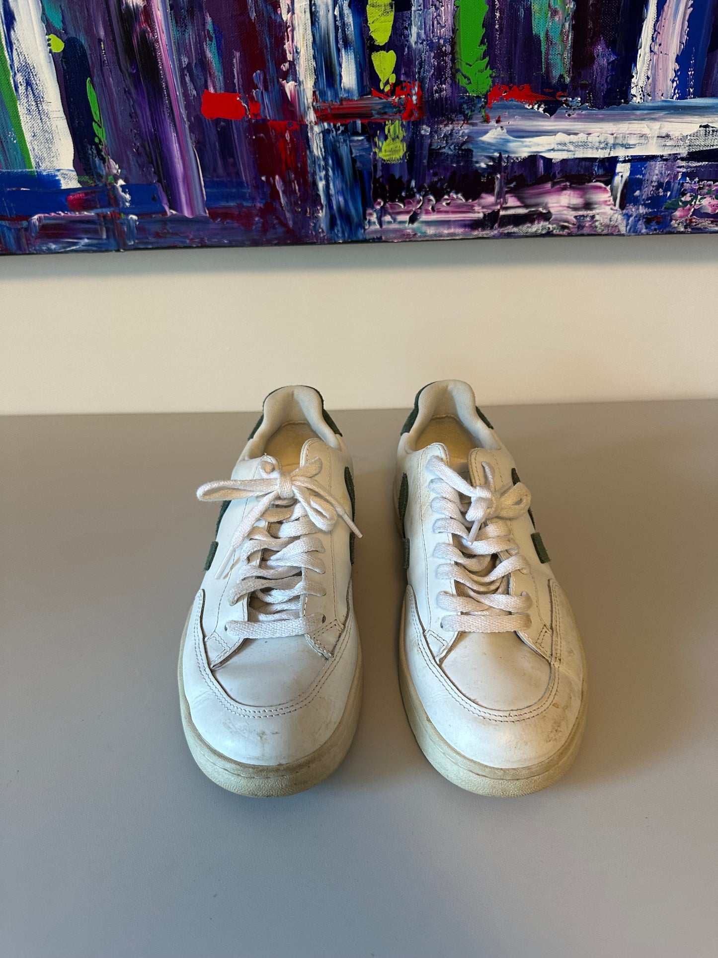 Veja V-12 Leather Sneakers in White and Dark Green | Size 8