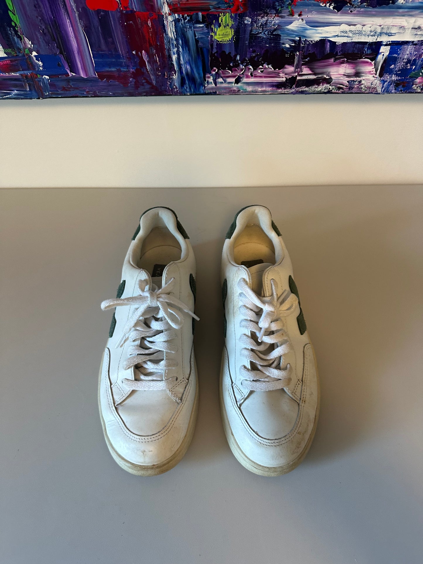 Veja V-12 Leather Sneakers in White and Dark Green | Size 8