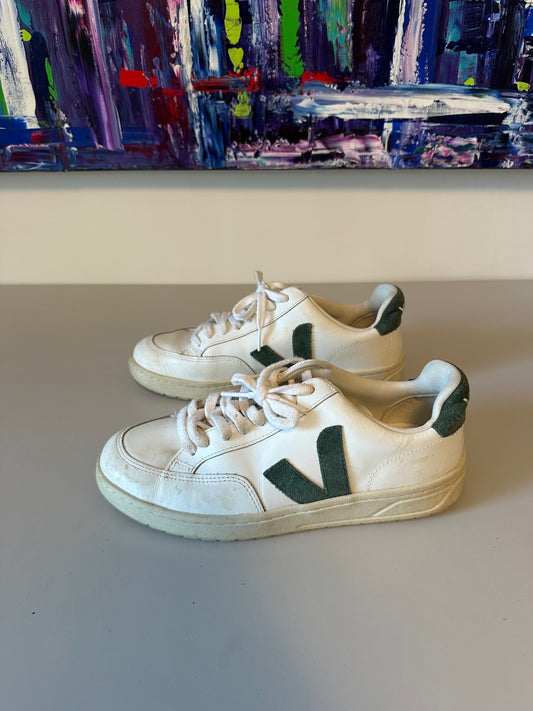 Veja V-12 Leather Sneakers in White and Dark Green | Size 8